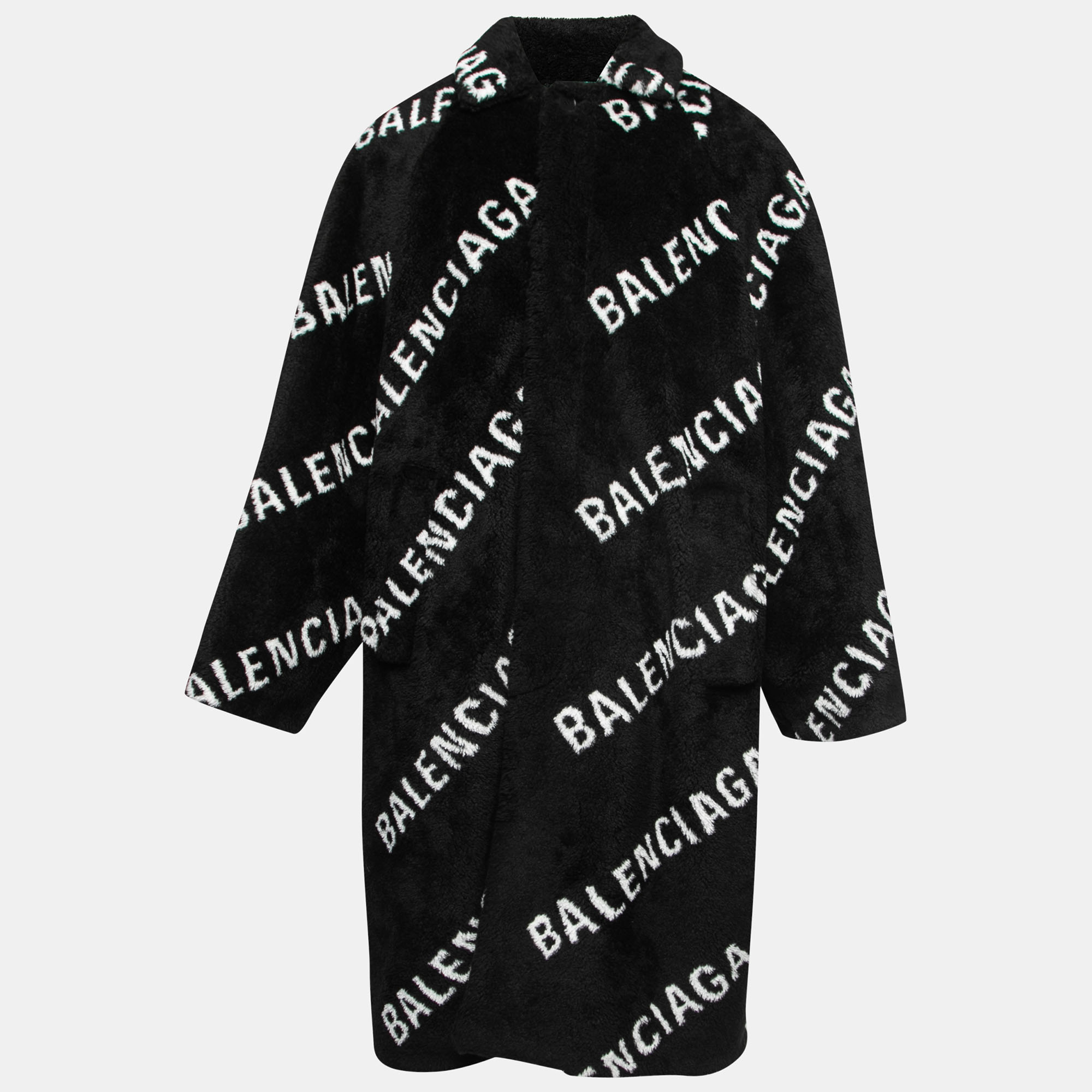 Pre-owned Balenciaga Black All Over Logo Faux Fur Oversized Coat S