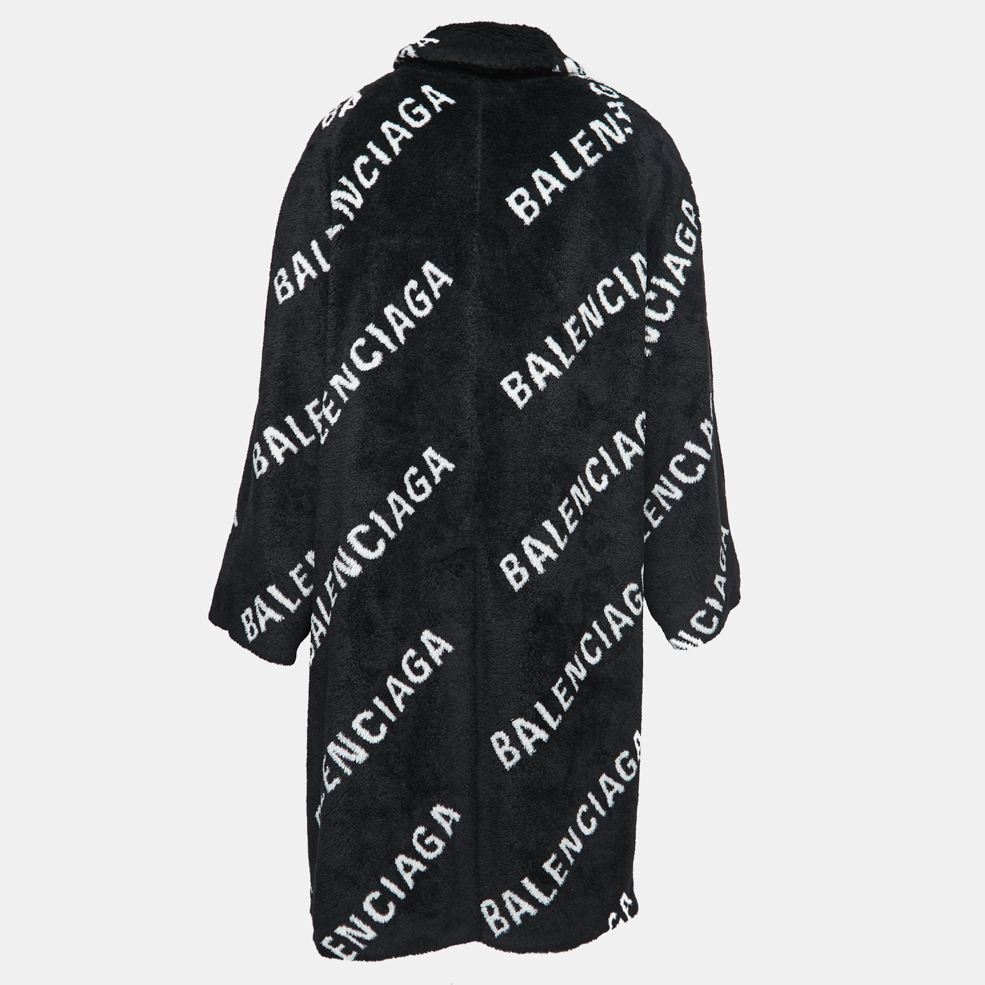 

Balenciaga Black All Over Logo Shearling Oversized Coat