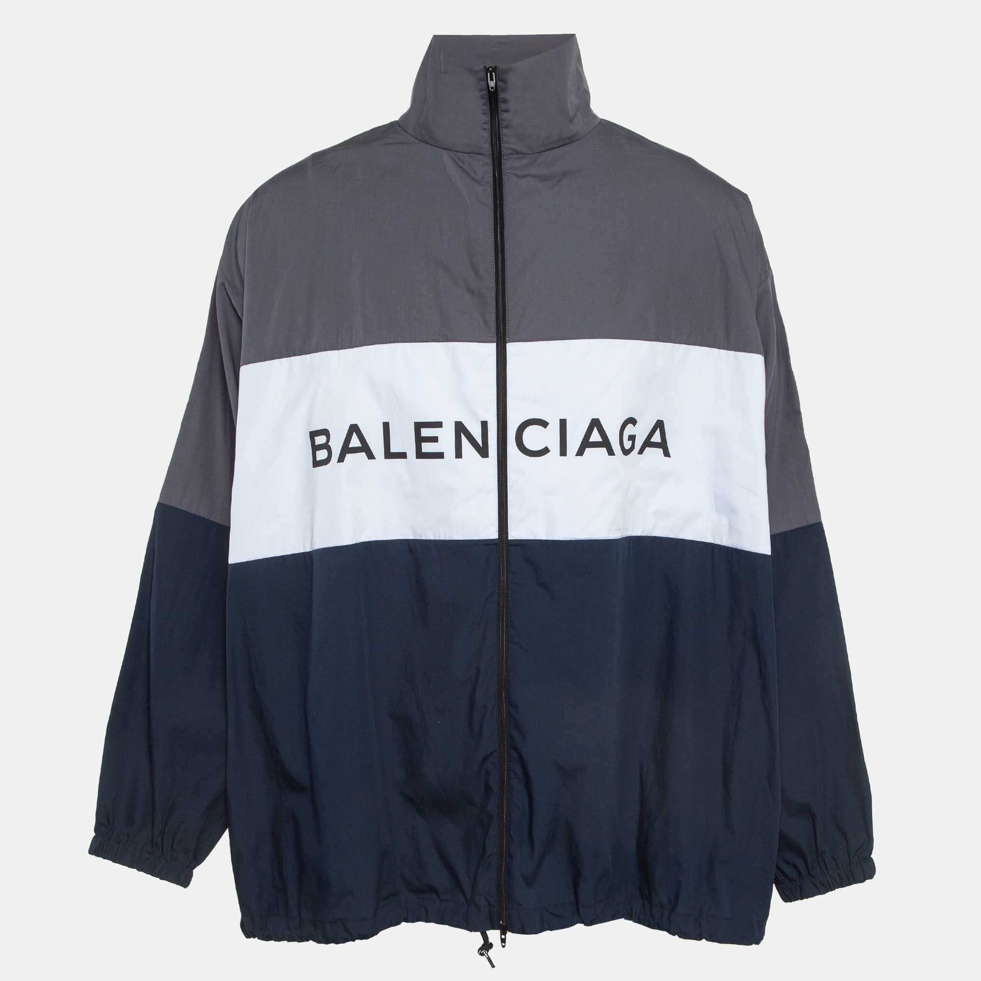 

Balenciaga Multicolor Logo Print Cotton Poplin Oversized Zipper Jacket M