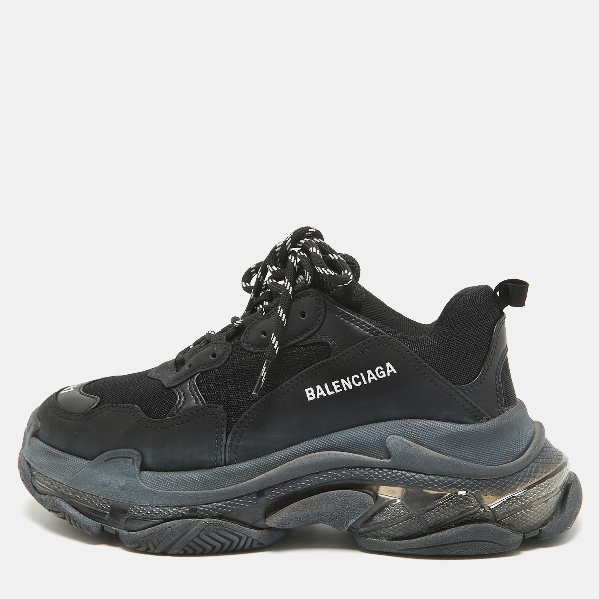 

Balenciaga Black Faux Leather and Mesh Triple S Clear Sole Sneakers Size