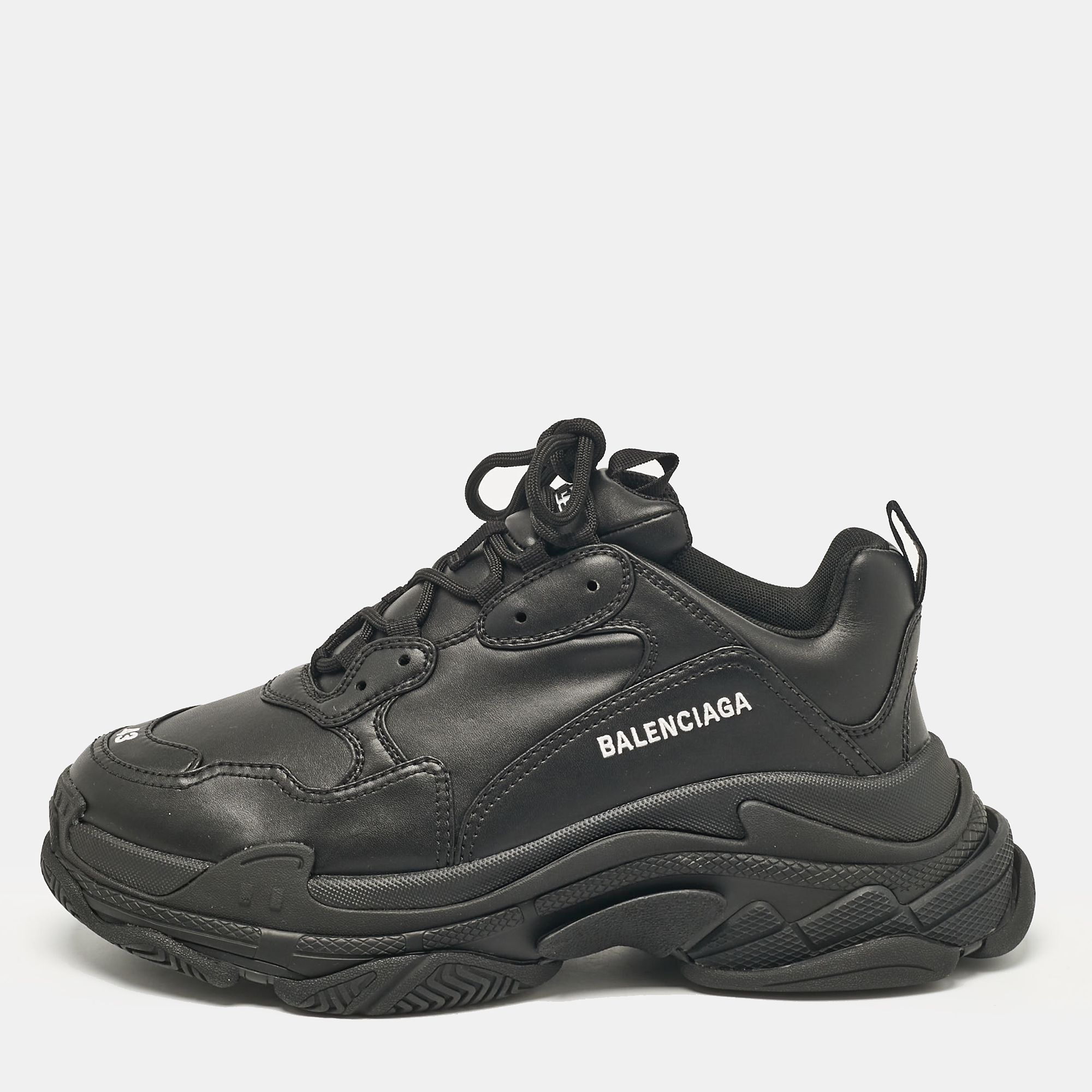 

Balenciaga Black Leather Triple S Lace Up Sneakers Size