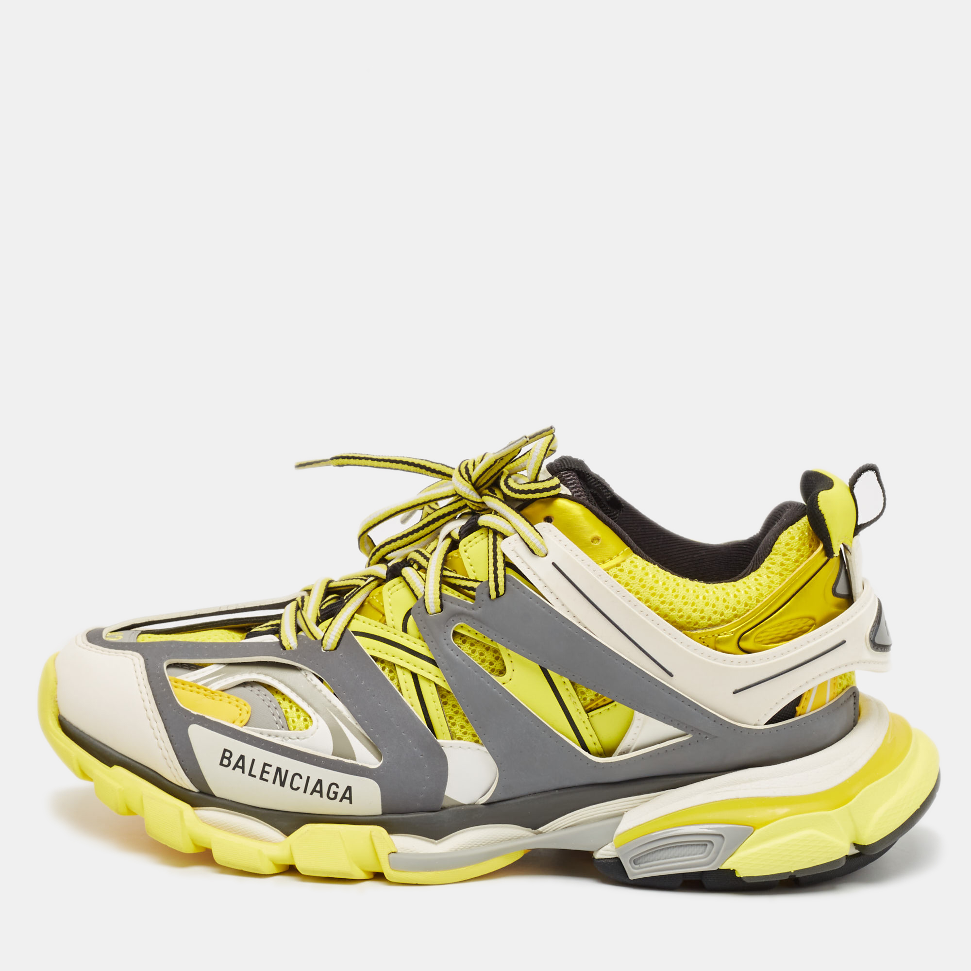 

Balenciaga Yellow/Grey Faux Leather and Mesh Track Sneakers Size