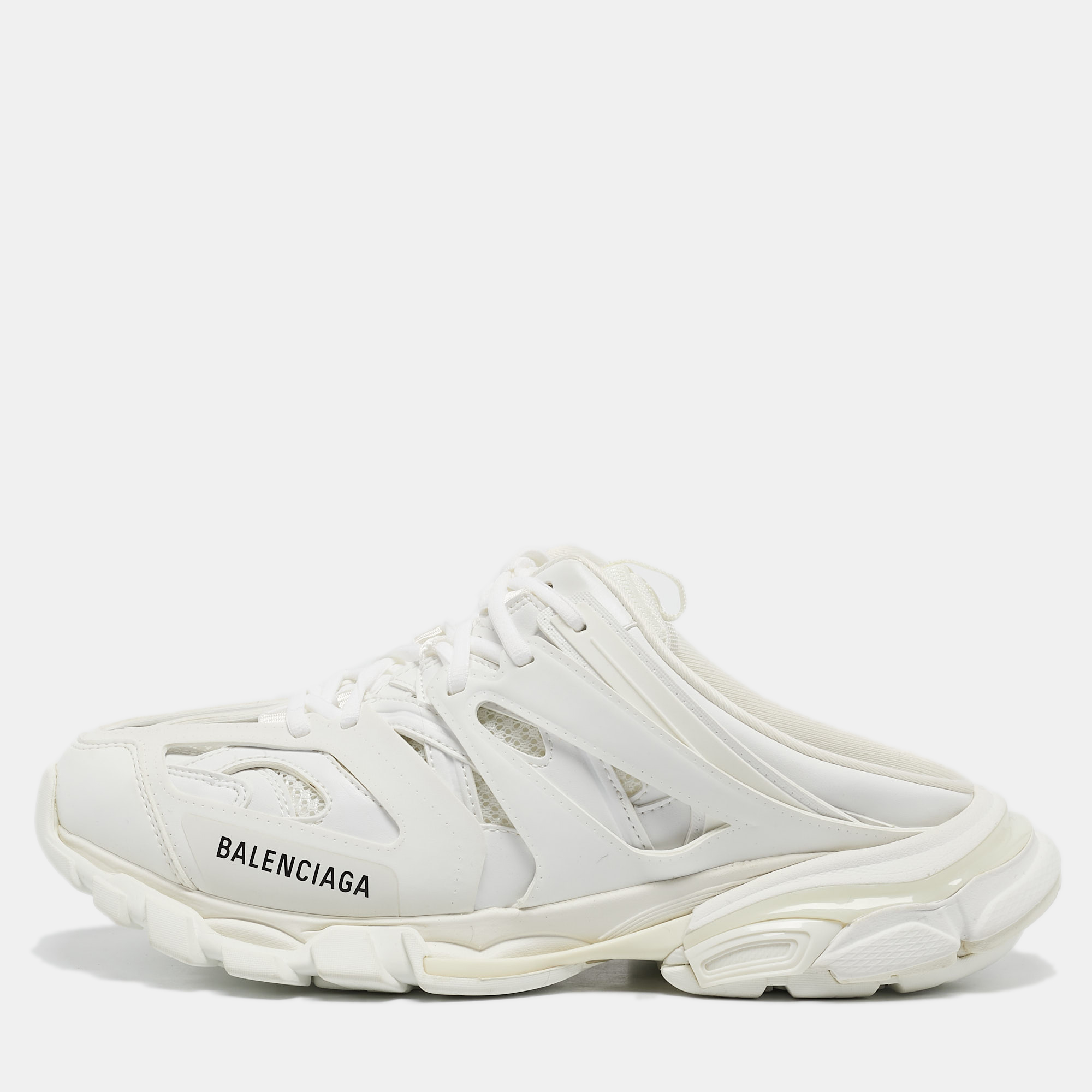 

Balenciaga White Faux Leather Track Mules Size