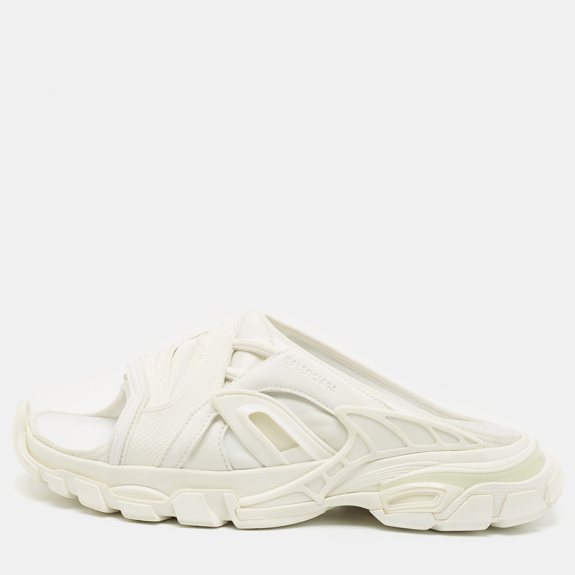 

Balenicaga White Neoprene and Faux Leather Track Slide Sandals Size