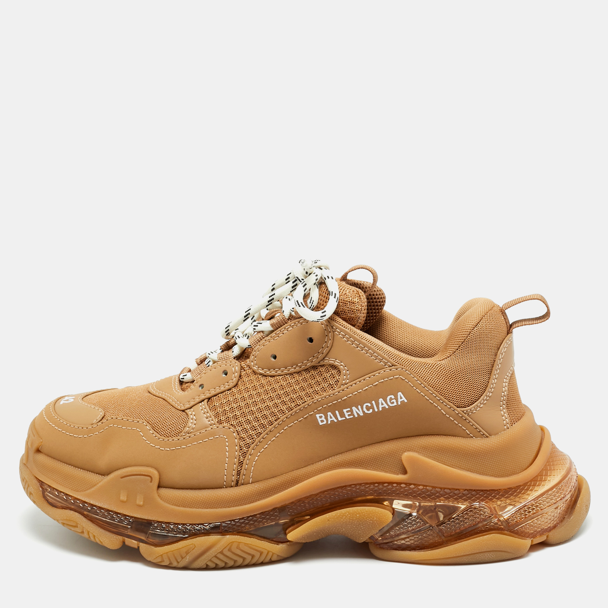 

Balenciaga Triple S Size  Brown Faux Leather and Mesh Lace Up Sneakers