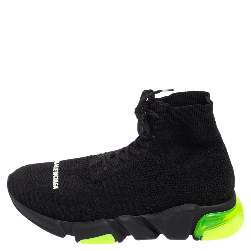 

Balenciaga Black/Green Knit Fabric Speed Trainers 2.0 Lace Sneakers Size