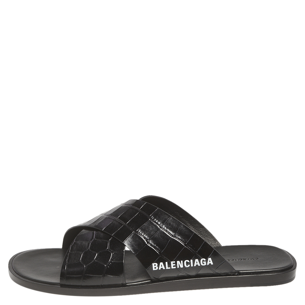 

Balenciaga Black Croc Embossed Leather Cosy Crisscross Flat Slides Size