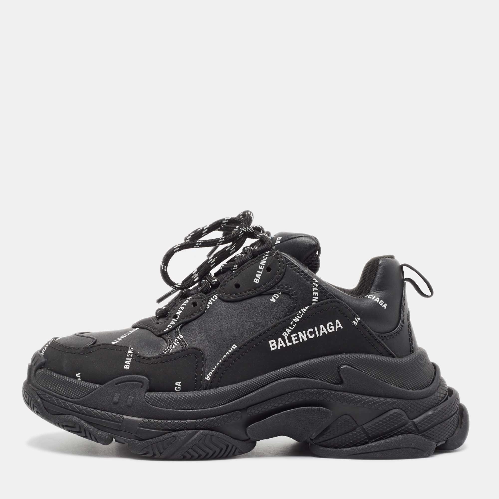Pre-owned Balenciaga Black Leather And Nubuck Allover Logo Triple S Sneakers Size 40