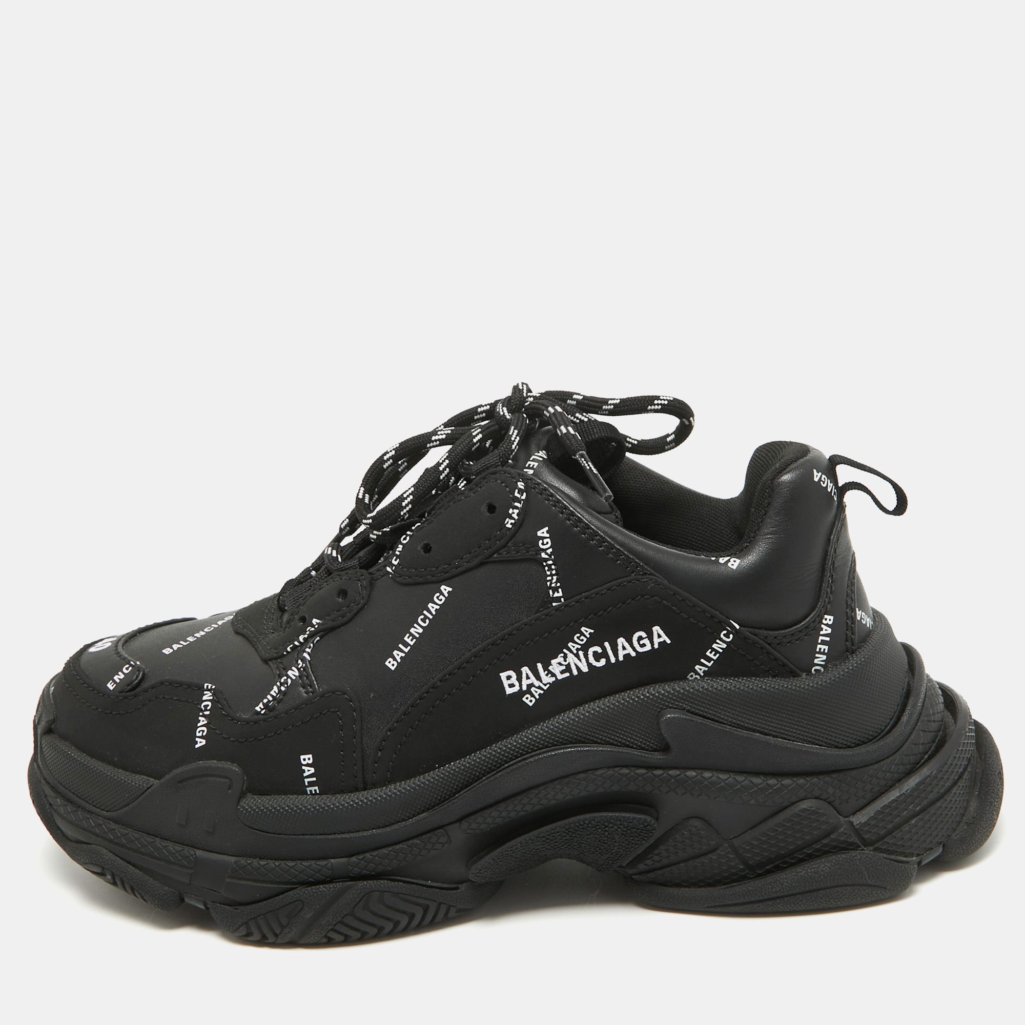 

Balenciaga Black Faux Leather Allover Logo Triple S Sneakers Size