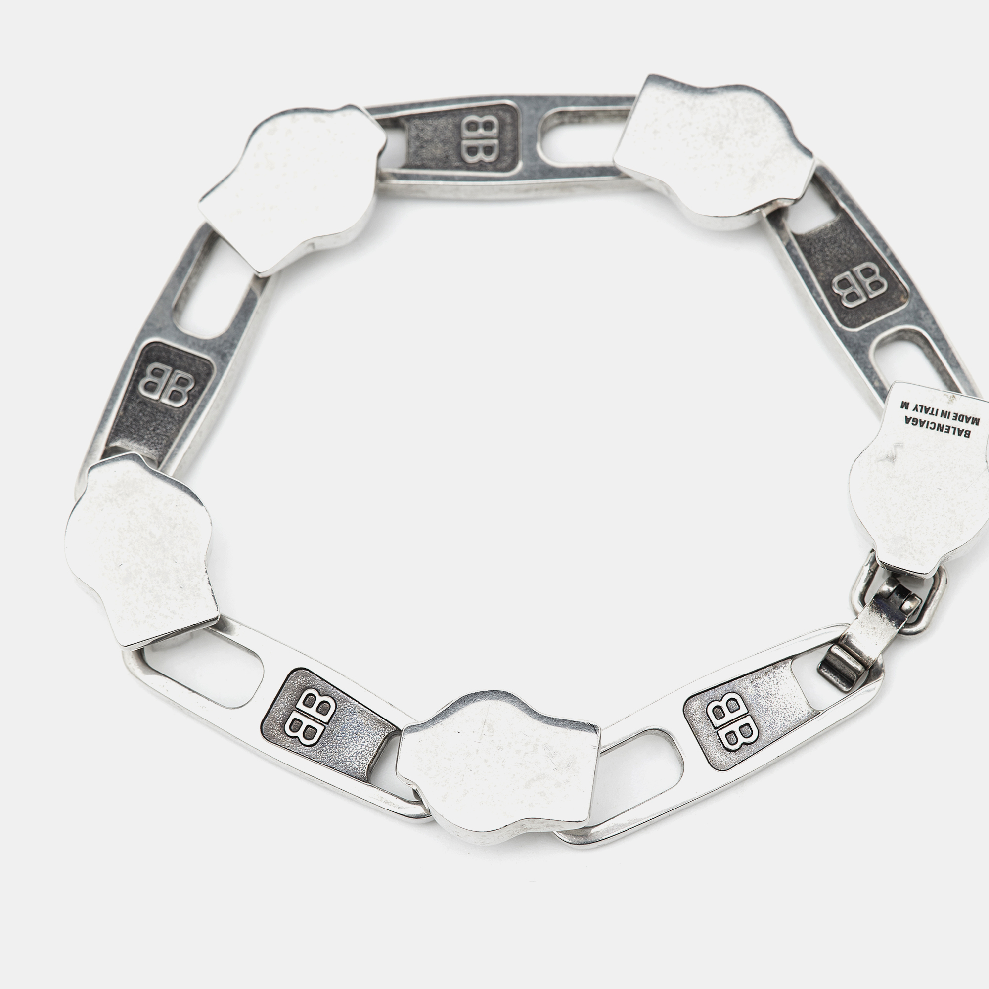 

Balenciaga Silver Tone Zip Logo Motif Link Bracelet