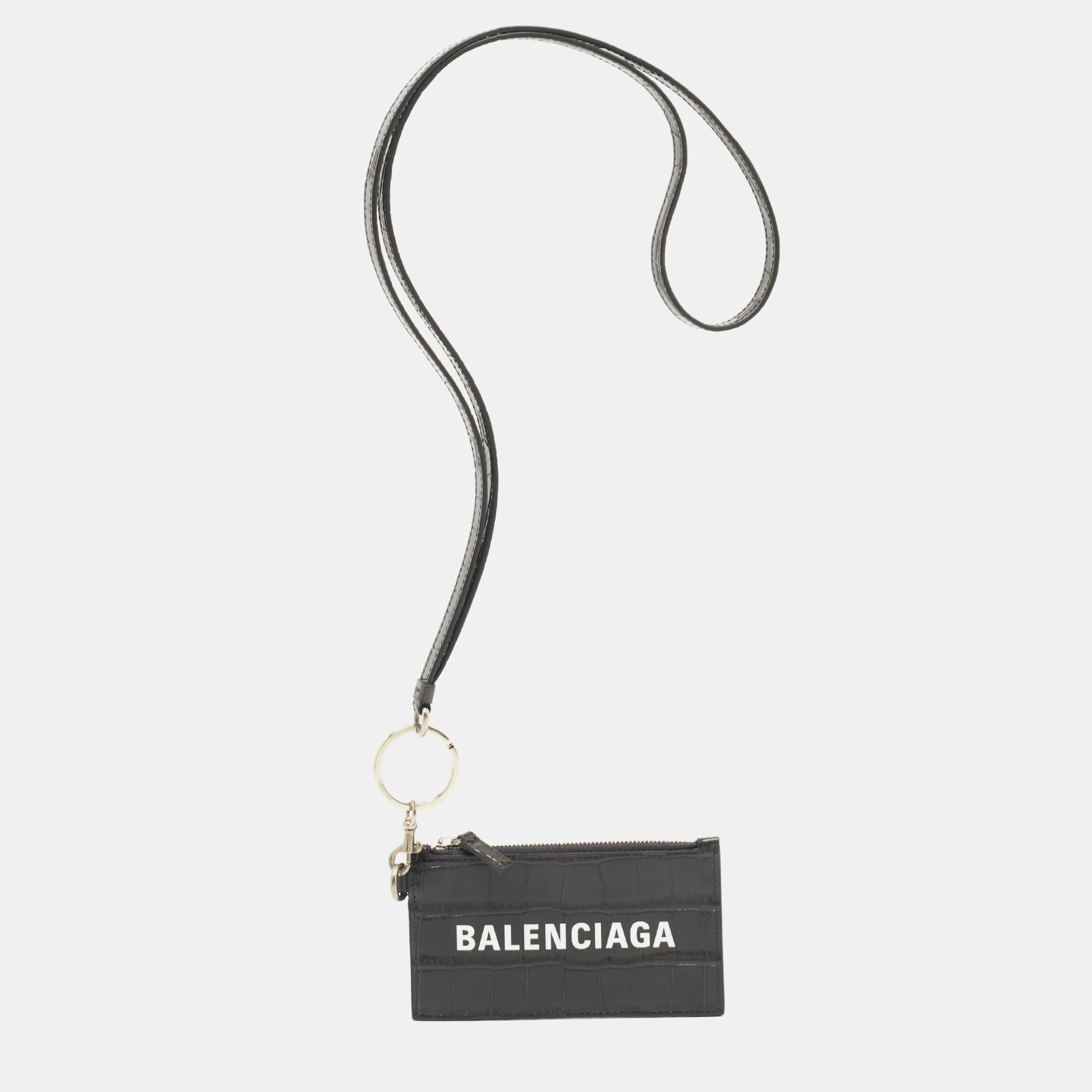 Pre-owned Balenciaga Dark Grey Crocodile Embossed Leather Card Holder Lanyard
