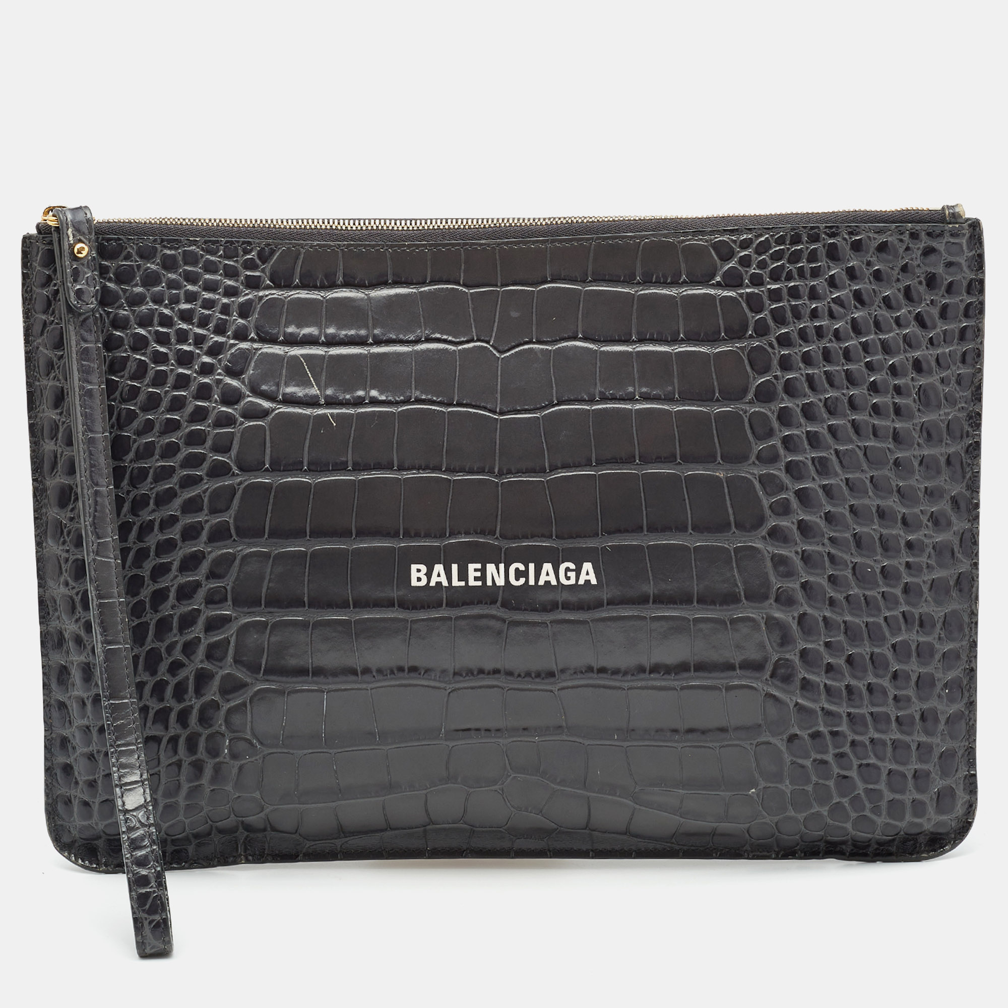 

Balenciaga Grey Croc Embossed Leather Flat Zip Pouch