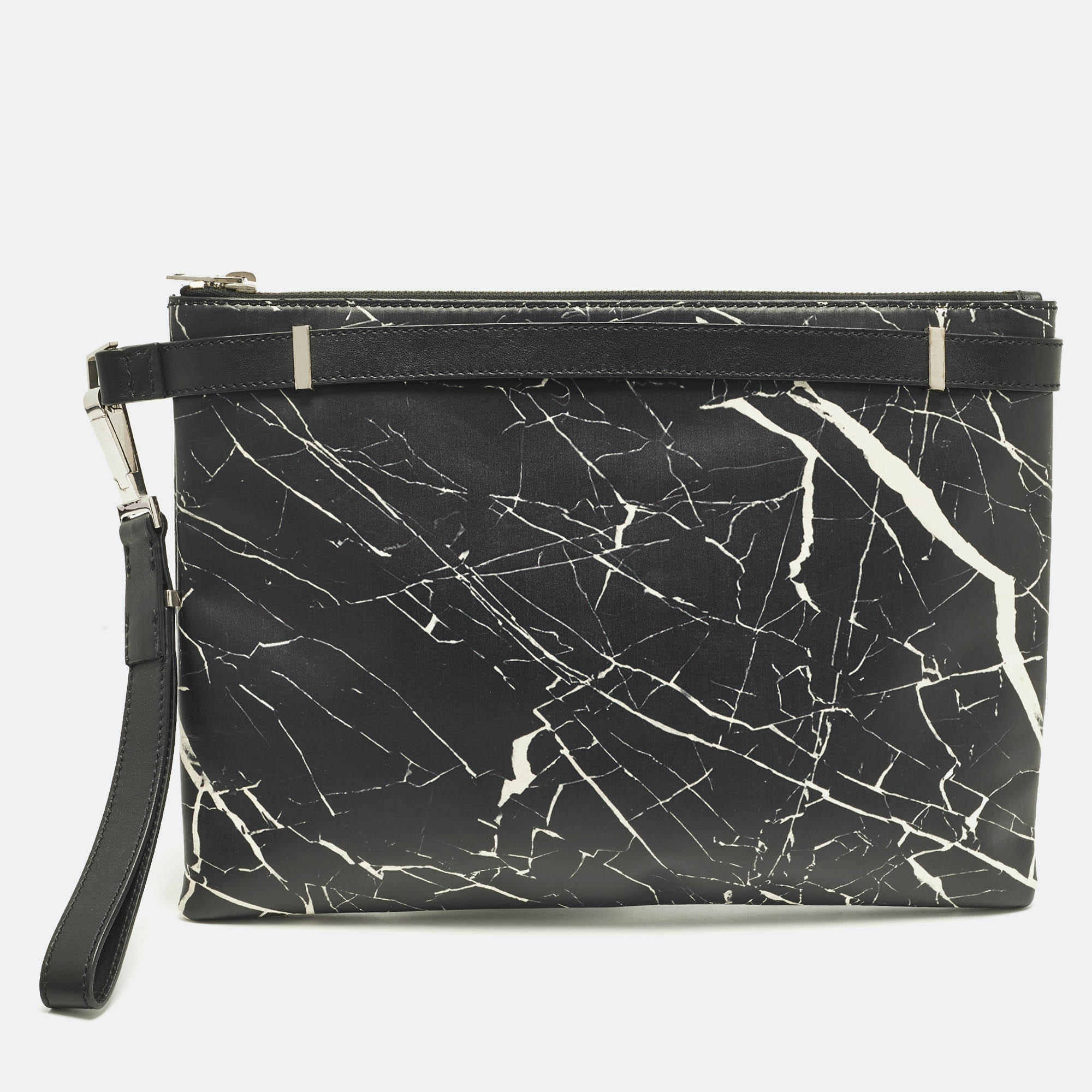 

Balenciaga Black/White Marble Effect Leather Document Wristlet Pouch