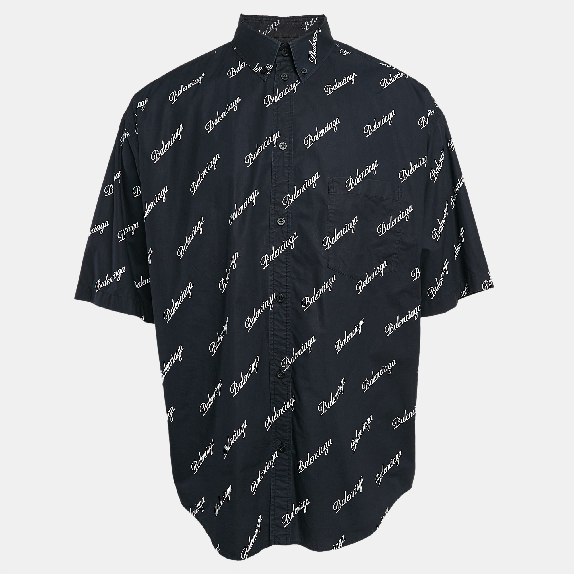 

Balenciaga Navy Blue Monogram Print Button Front Oversize Shirt M