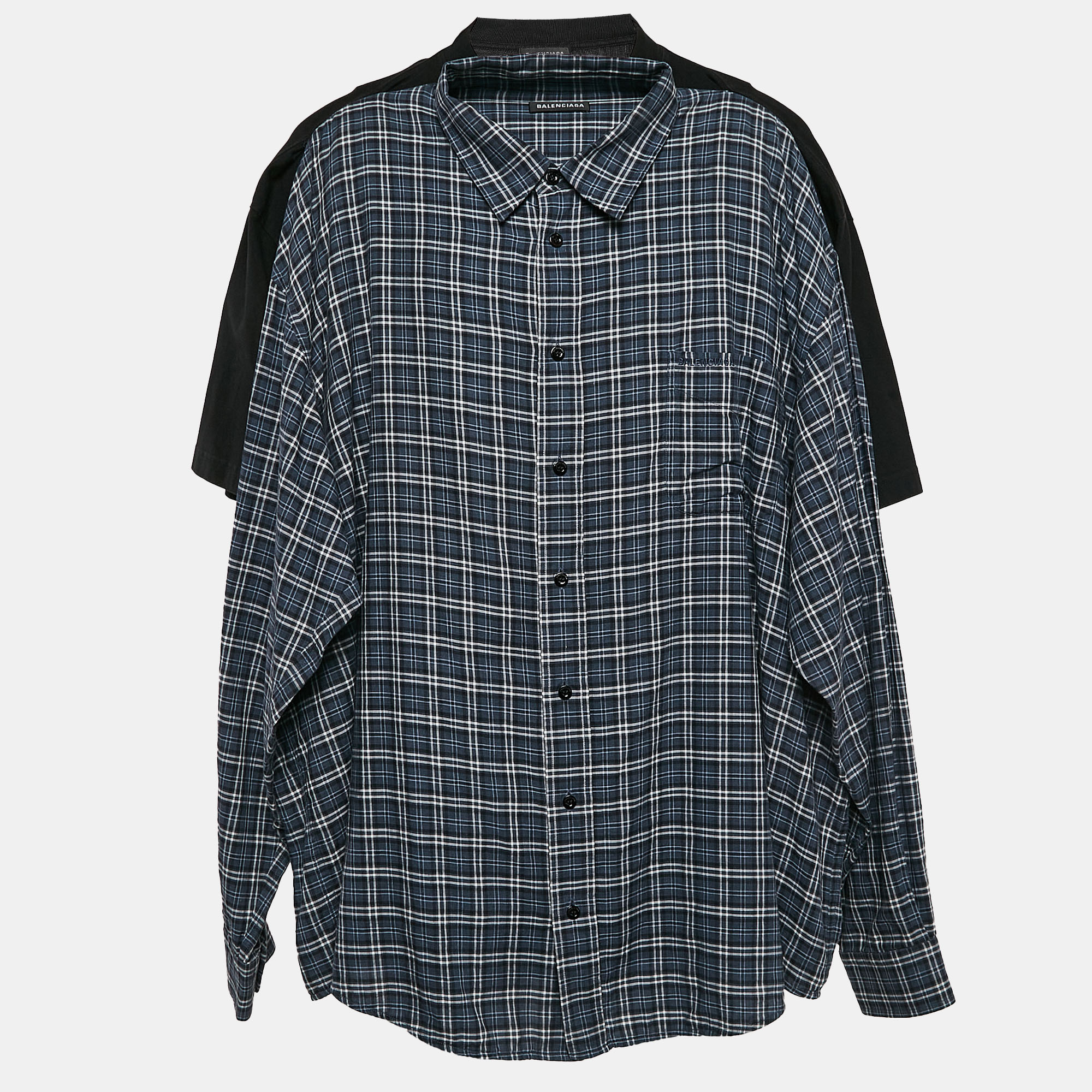 

Balenciaga Black/Blue Checked Cotton and Jersey Shirt T-Shirt L