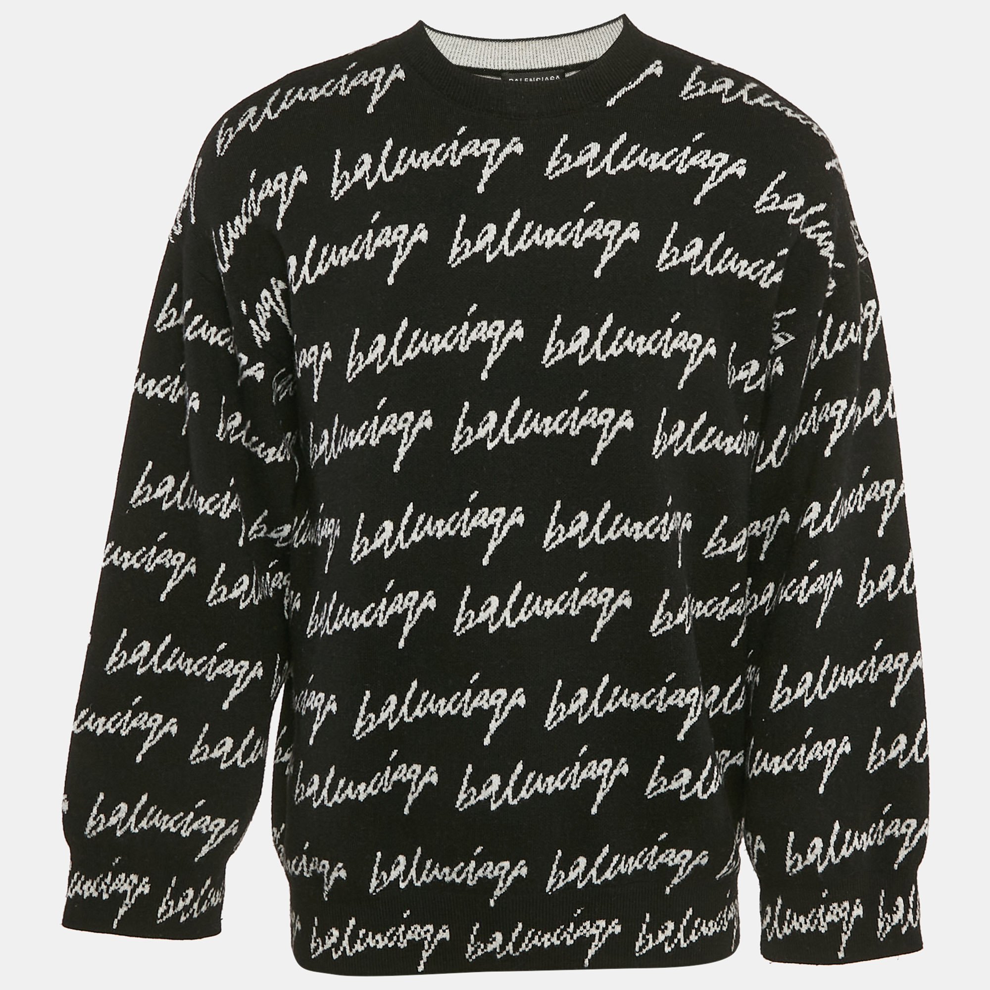 

Balenciaga Black Logo Jacquard Knit Crew Neck Jumper S