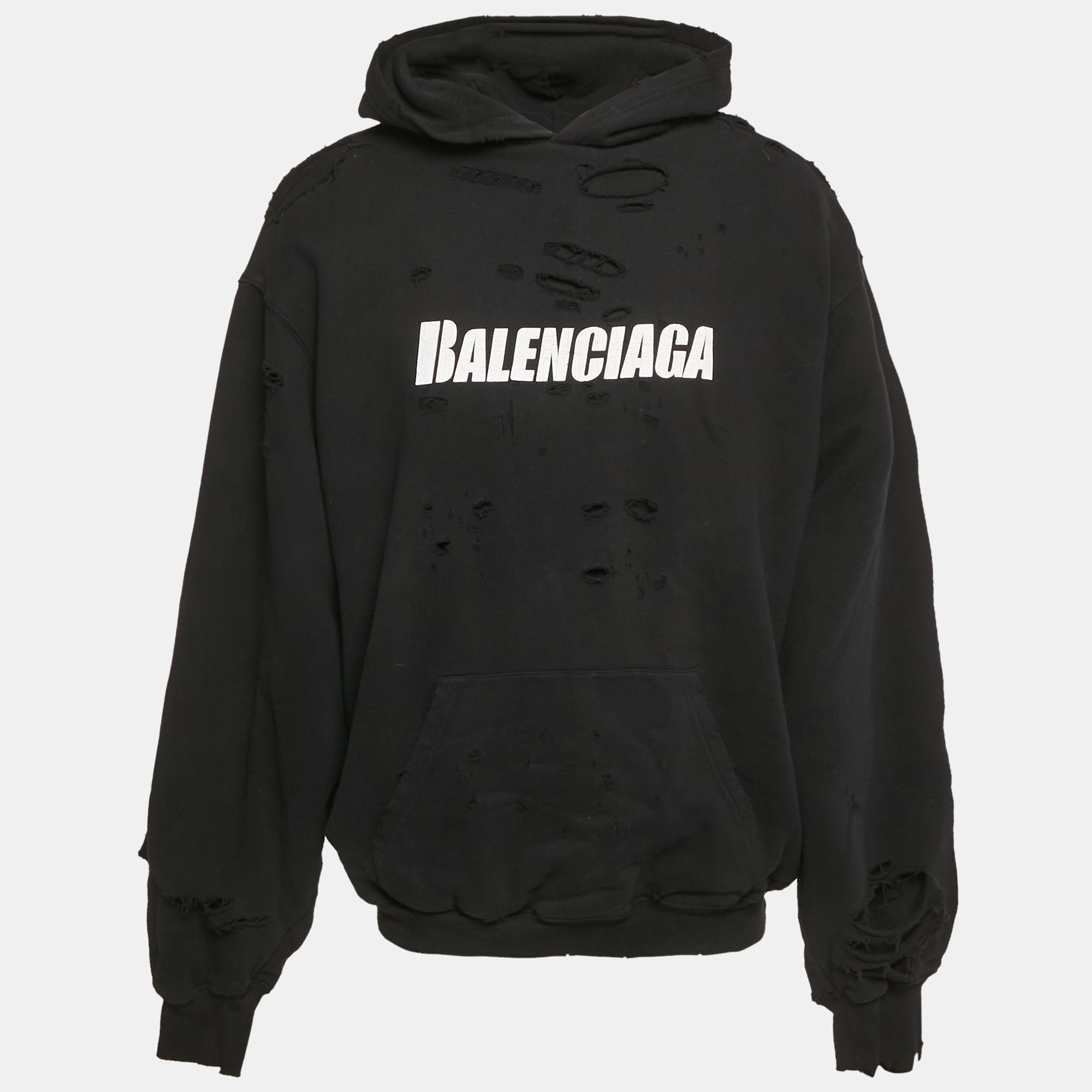 

Balenciaga Unifit Black Logo Print Distressed Cotton Knit Hoodie XS