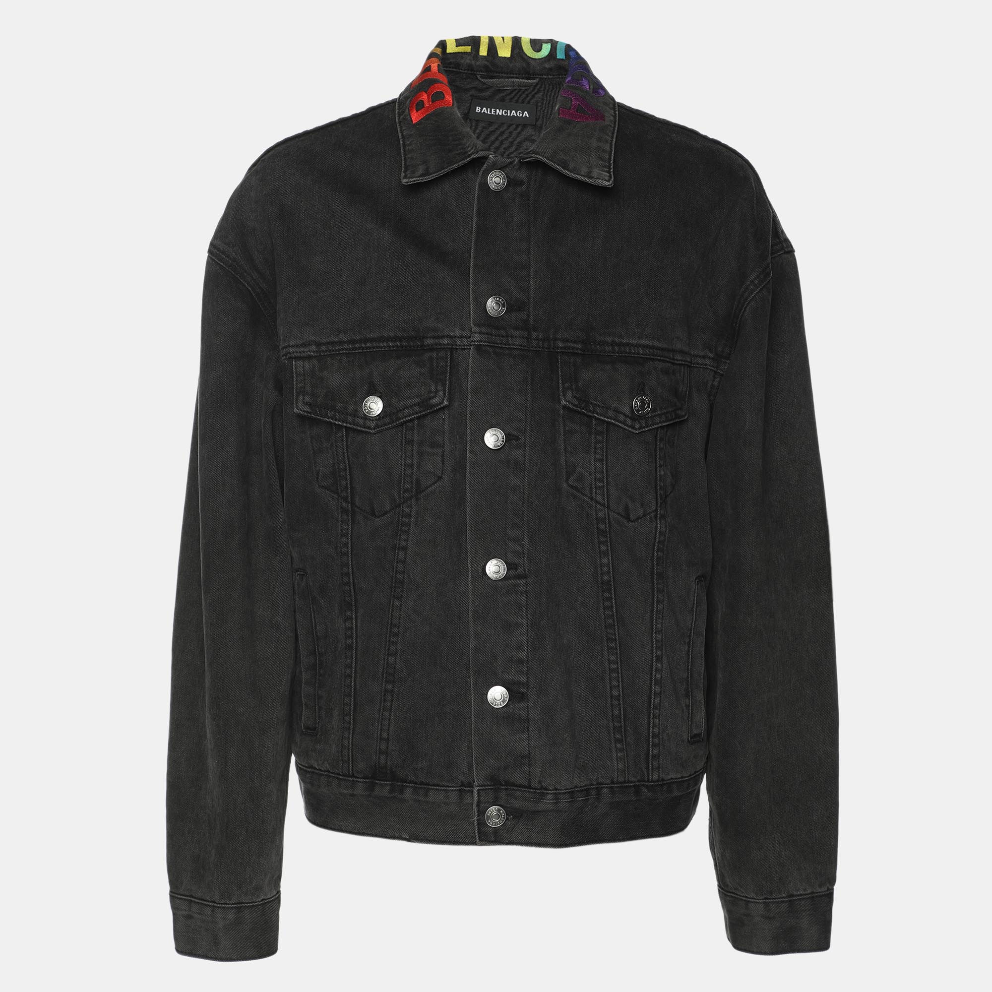 

Balenciaga Dark Grey Denim Rainbow Logo Embroidered Jackets M
