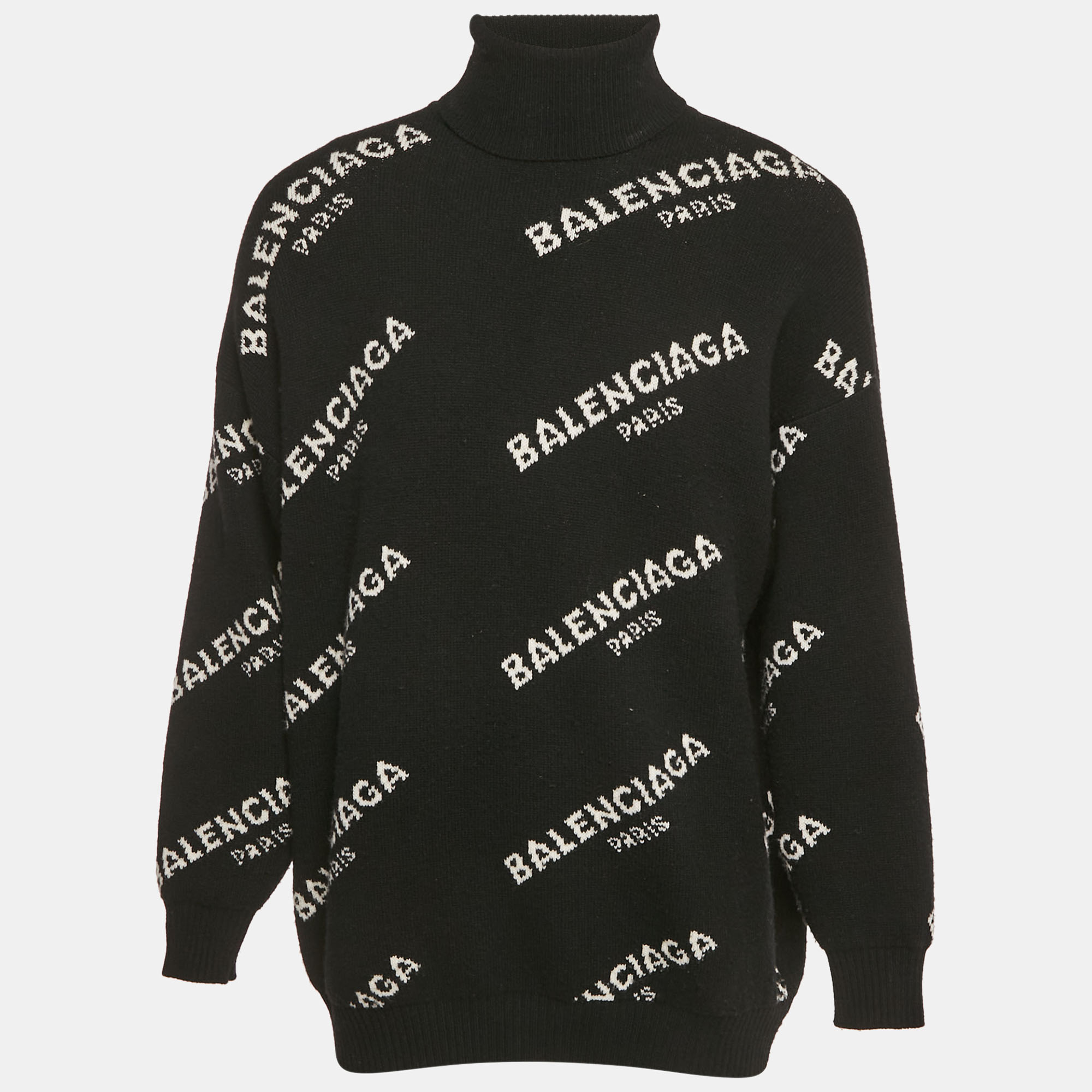 

Balenciaga Black All Over Pattern Rib Knit Turtleneck Oversized Sweater M