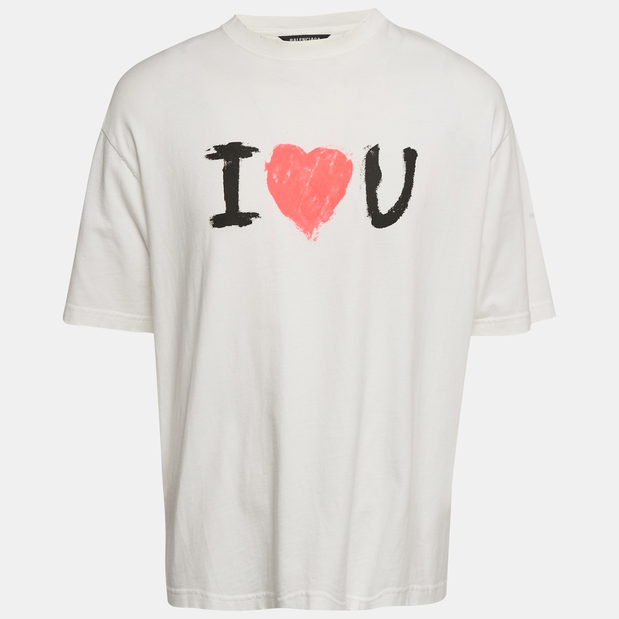 

Balenciaga White I Love You Printed Cotton Oversized Distressed T-Shirt M