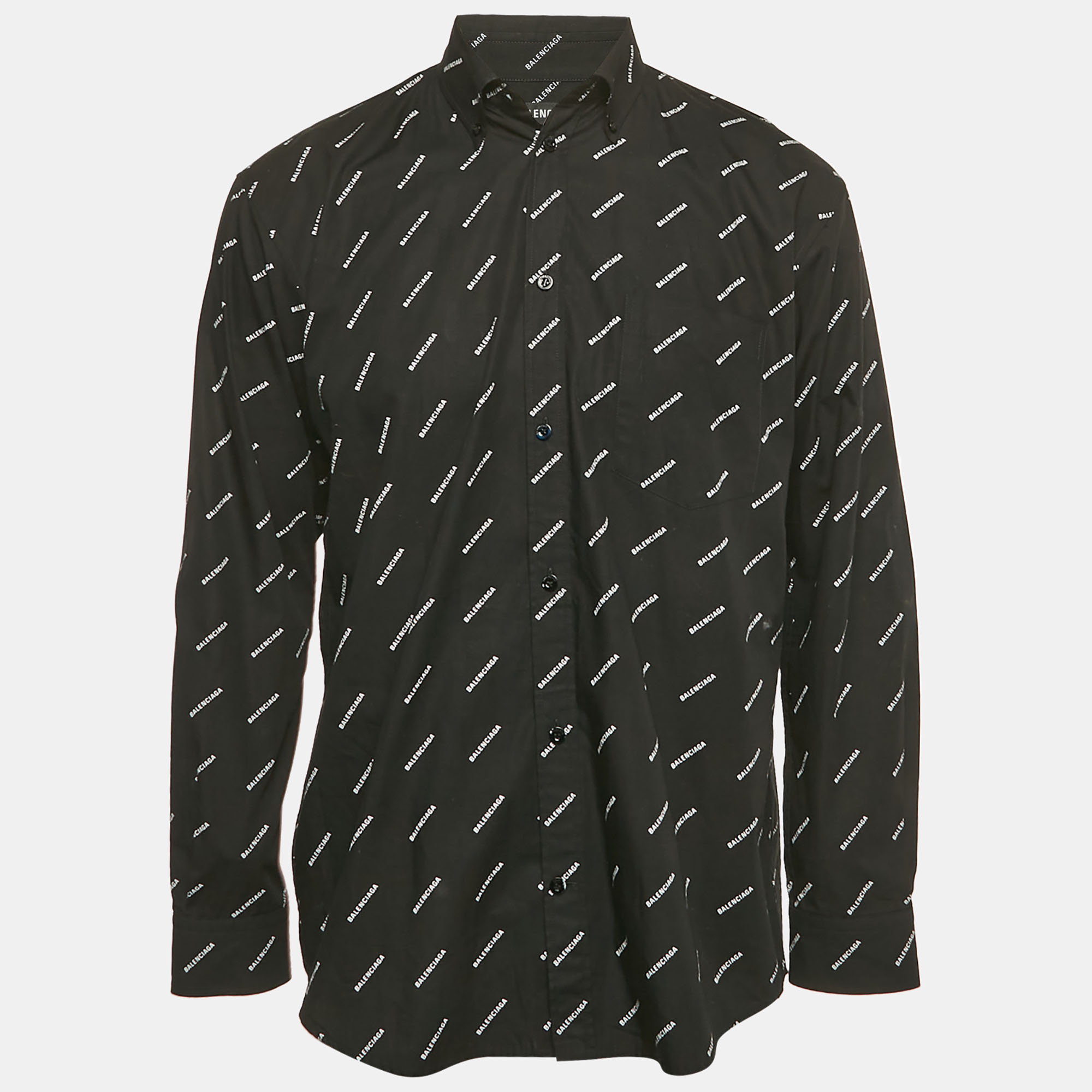 

Balenciaga Black All Over Logo Print Cotton Oversized Shirt XS