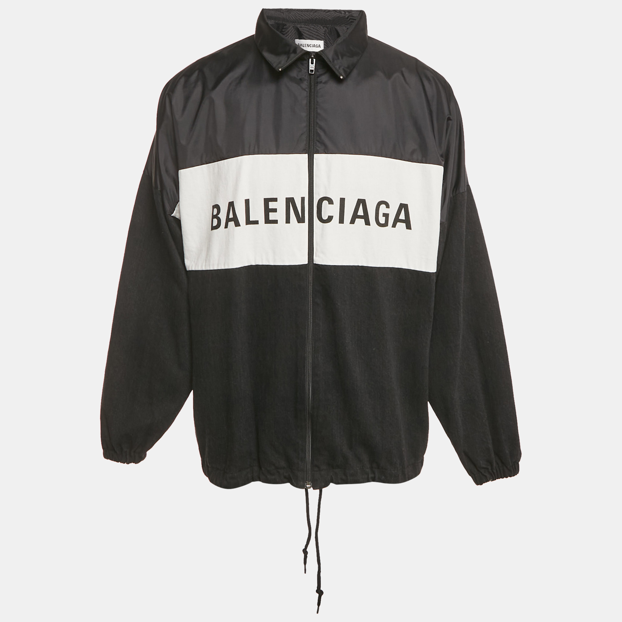 

Balenciaga Black/White Synthetic & Denim Patchwork Logo Zip-Up Jacket XS