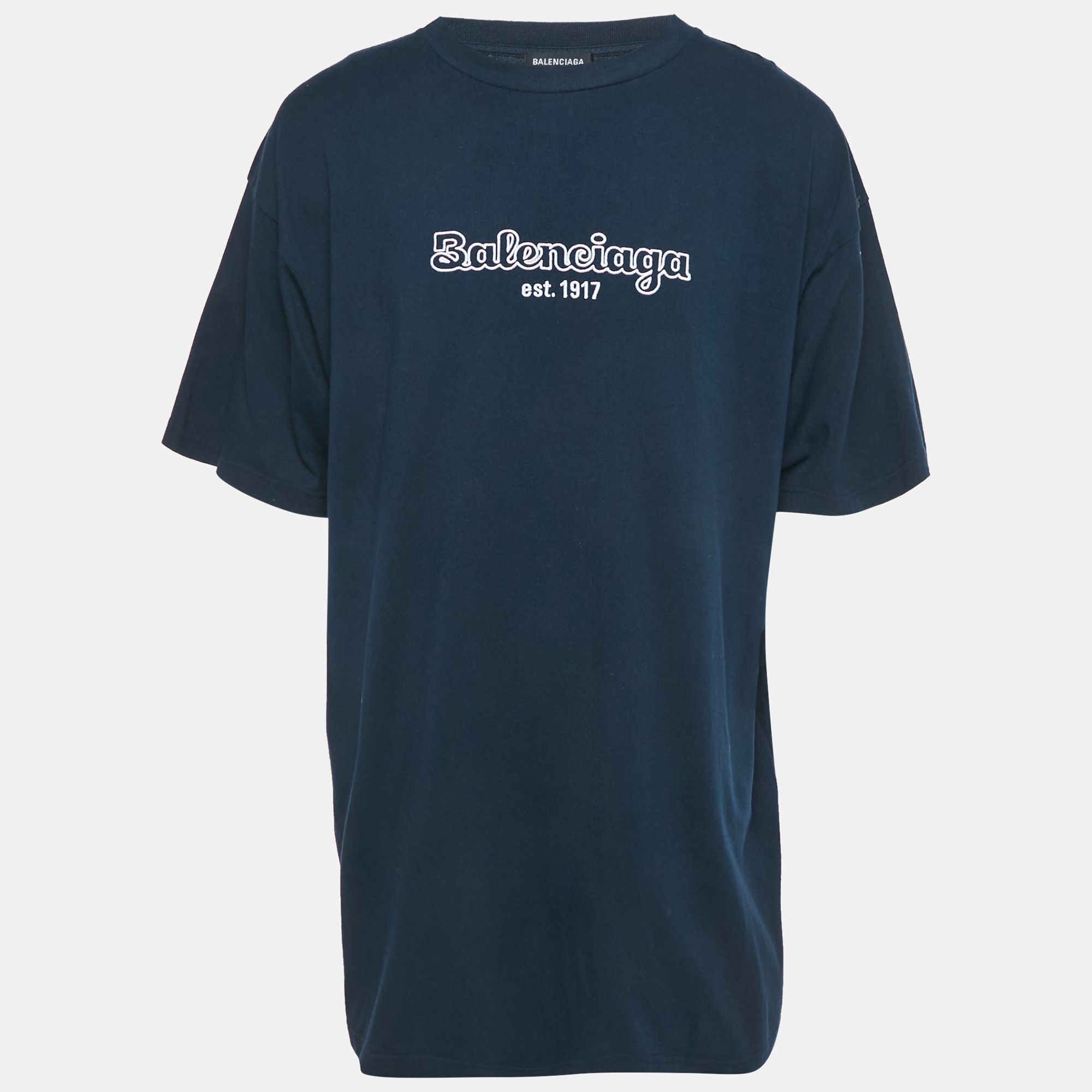 

Balenciaga Navy Blue Logo Embroidered Cotton T-Shirt XS