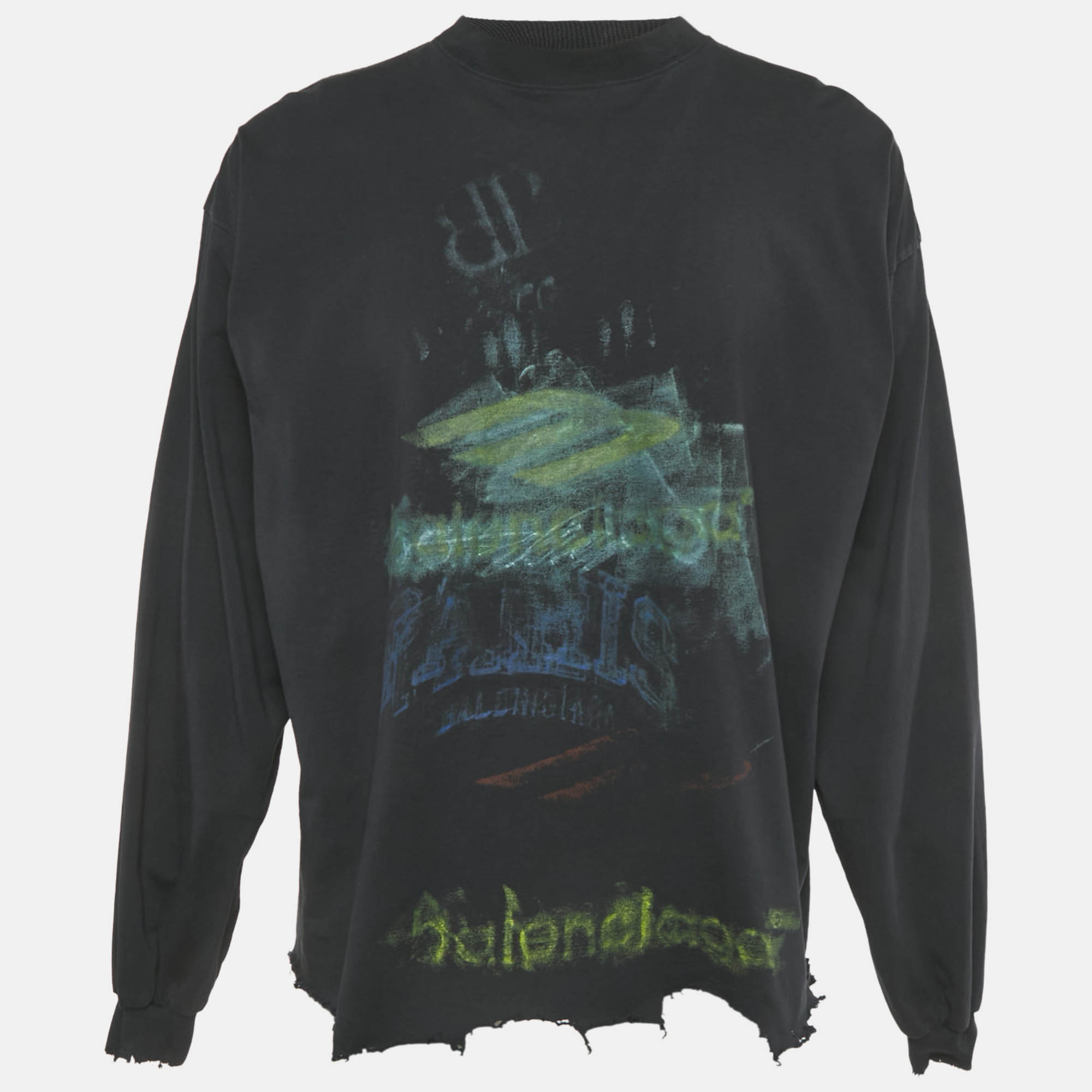 

Balenciaga Unisex Dark Blue Printed Jersey Distressed T-Shirt M