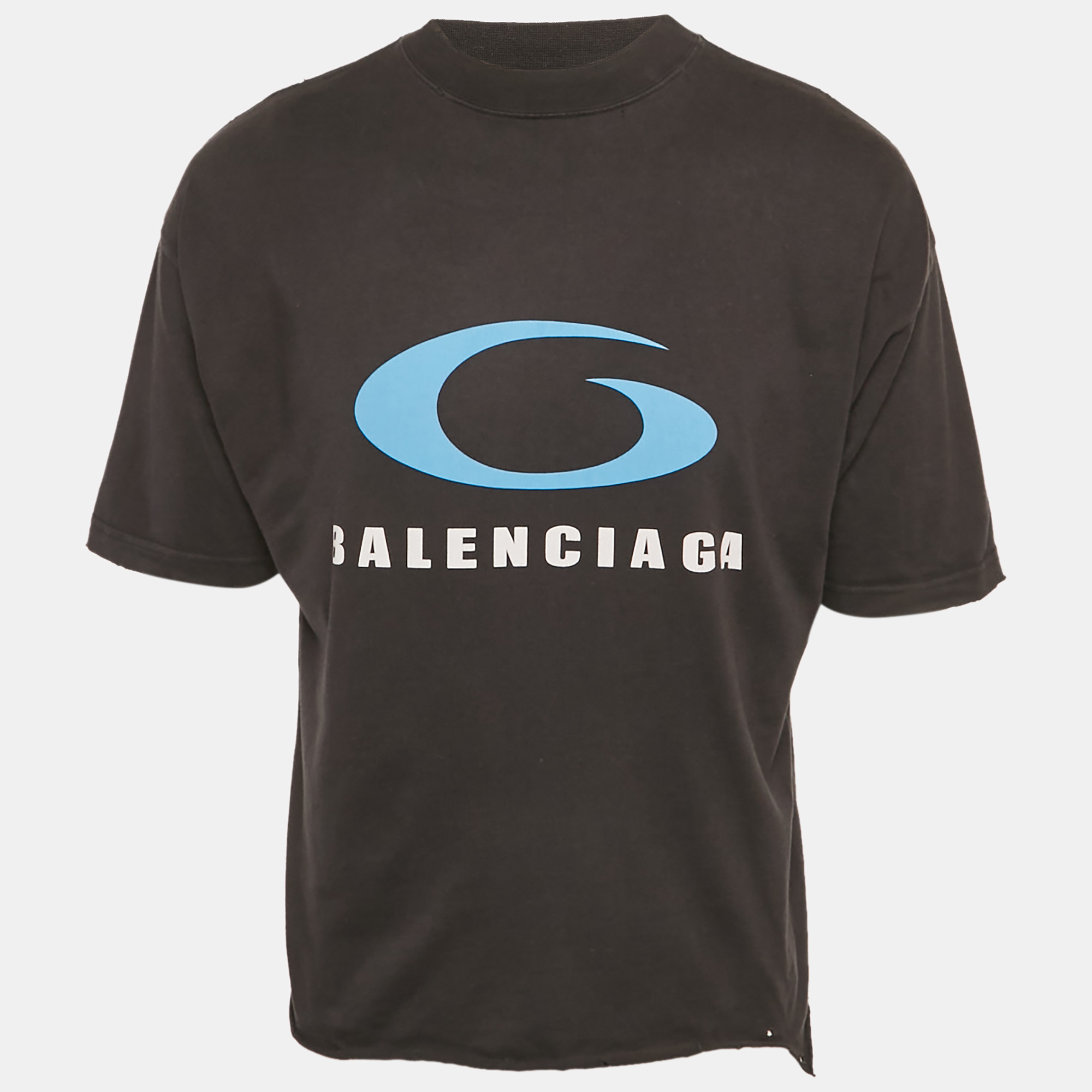 

Balenciaga Black Logo Printed Cotton Knit Frayed Hem T-Shirt M