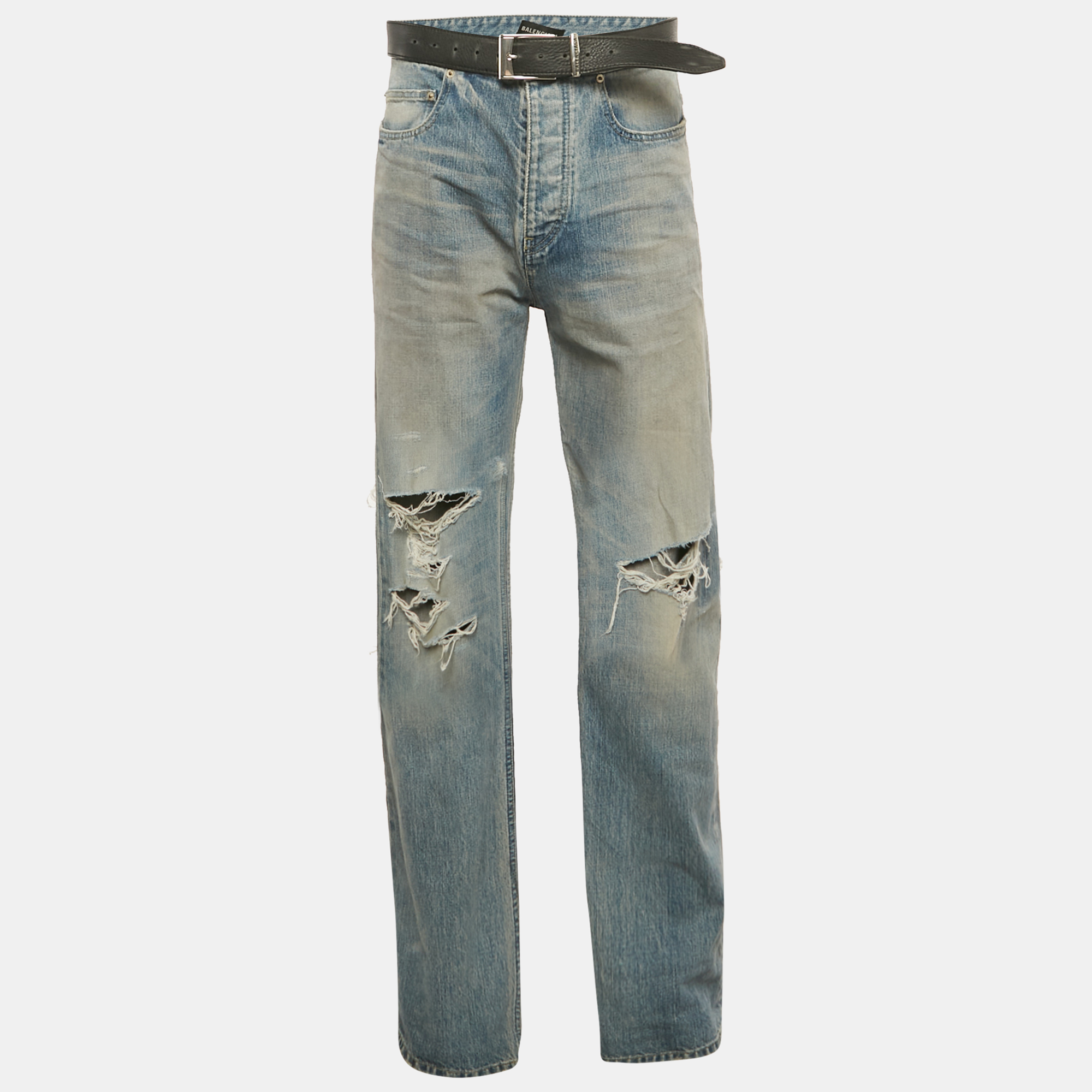 

Balenciaga Unisex Blue Ripped Denim Belted Jeans M/Waist 32"