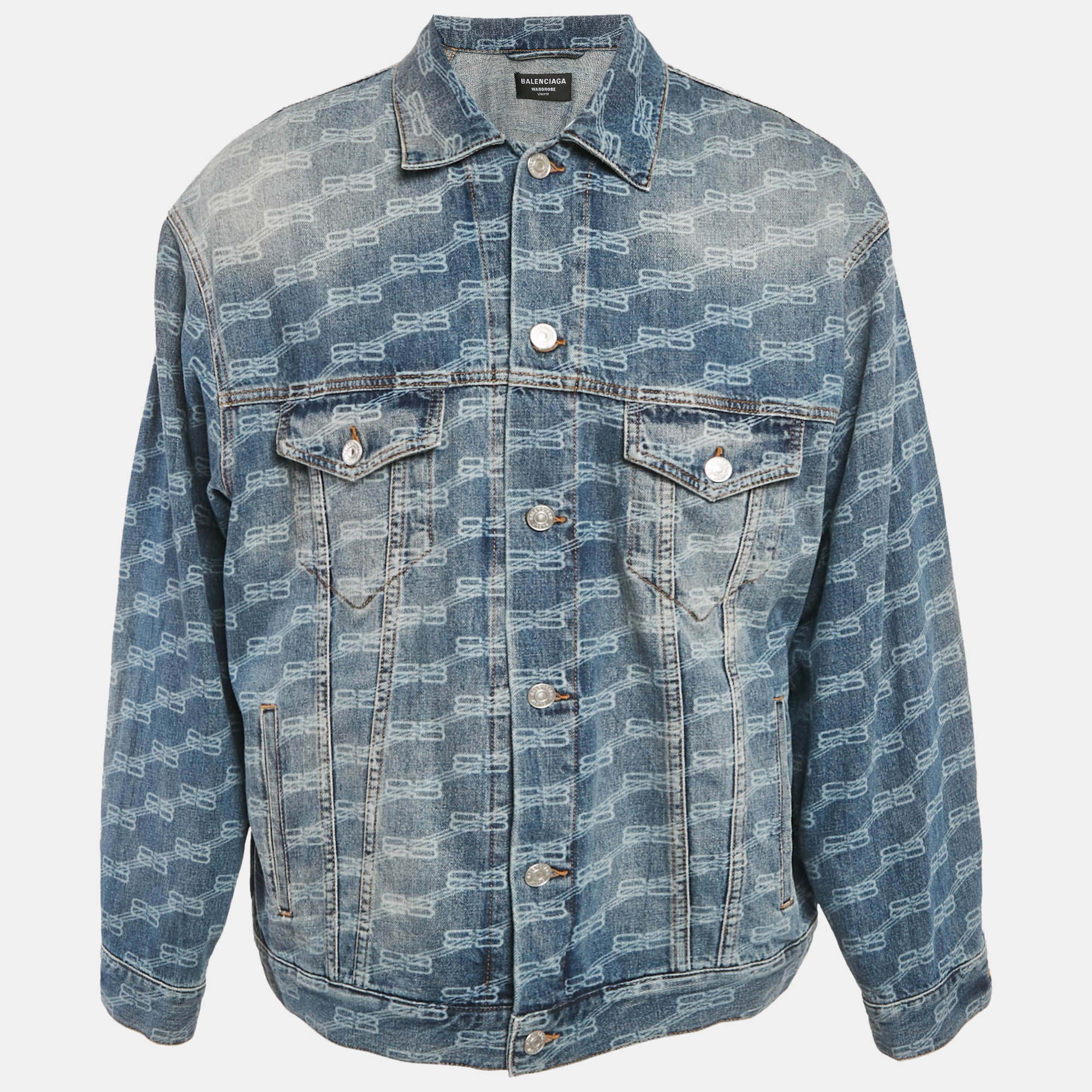 

Balenciaga Unifit Blue Logo Pattern Denim Oversized Jacket S