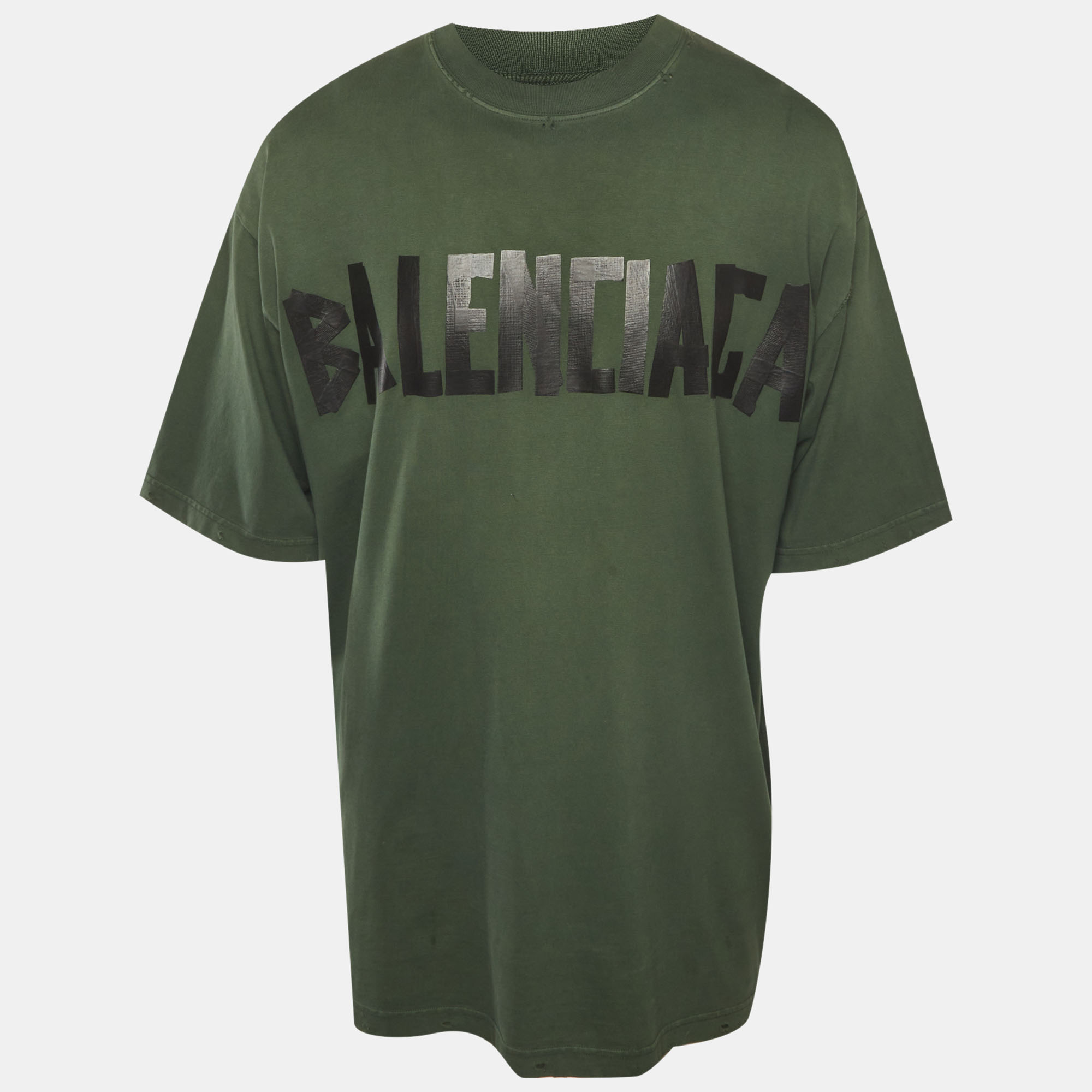 

Balenciaga Unisex Green Logo Tape Print Jersey Distressed T-Shirt M