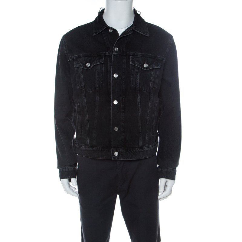 Balenciaga Black Denim Logo Embroidered Frayed Collar Jacket L ...