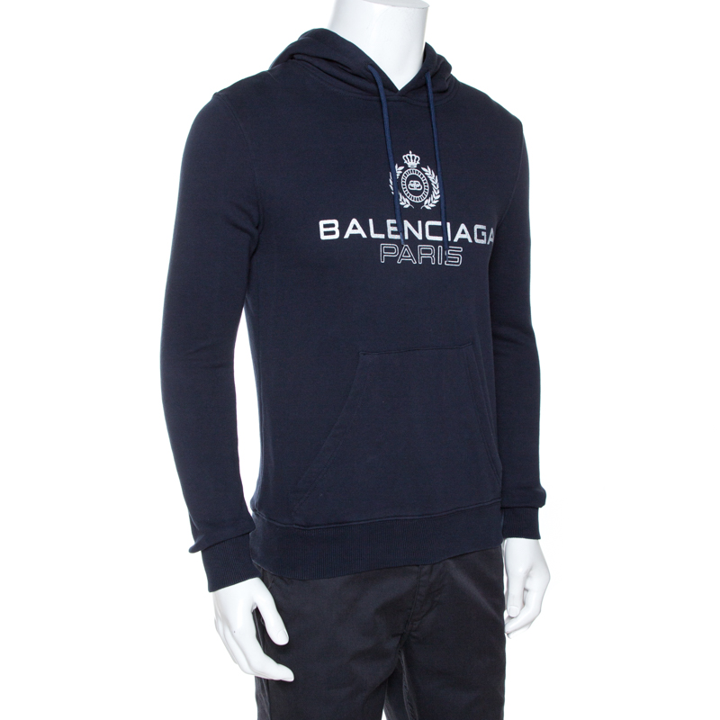 

Balenciaga Navy Blue Logo Print Cotton Hooded Sweatshirt