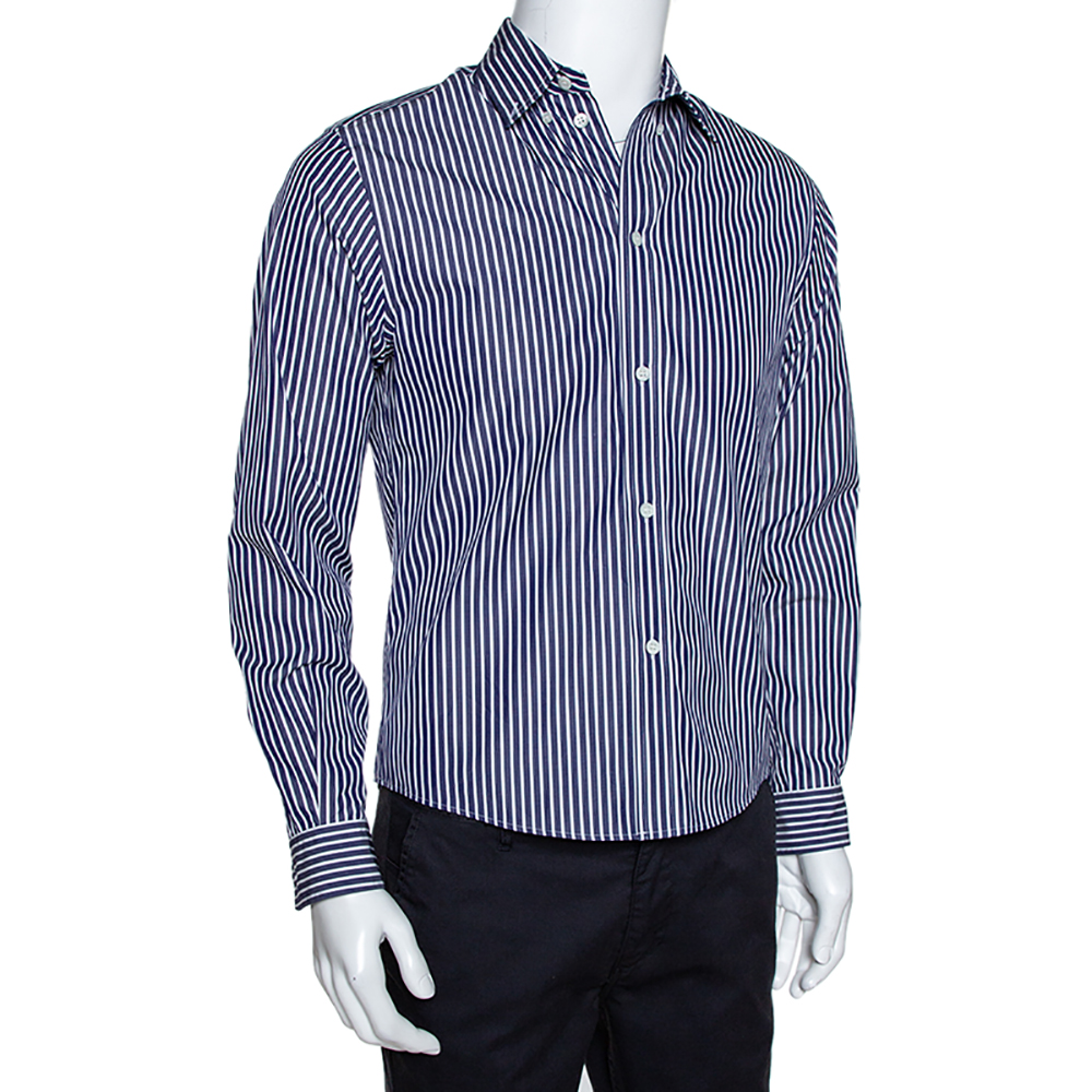 

Balenciaga Navy Blue Logo Print Striped Cotton Shrunken Shirt