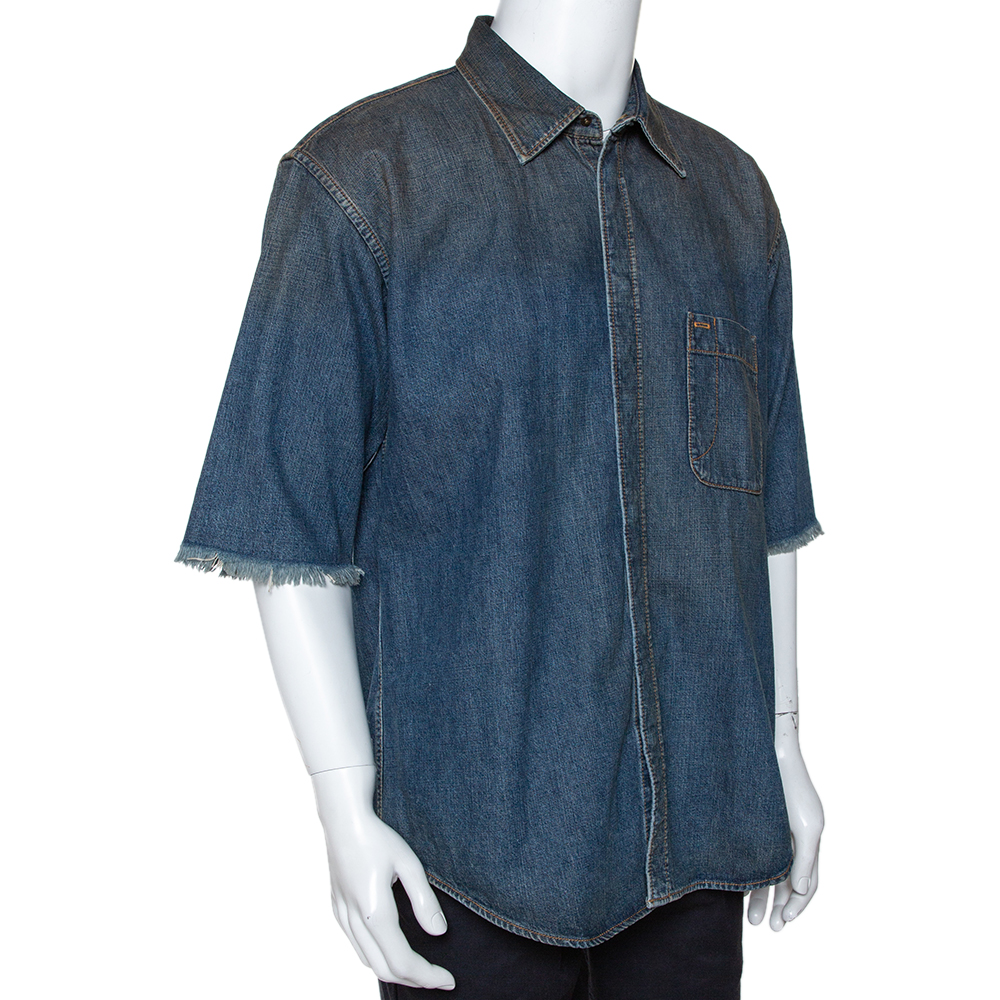 

Balenciaga Indigo Logo Embroidered Rustic Denim Short Sleeve Shirt, Blue