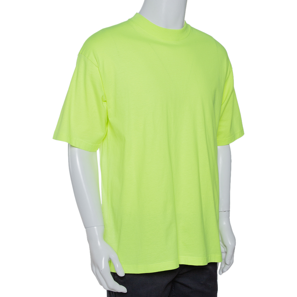 

Balenciaga Neon Yellow Logo Embroidered Cotton T-Shirt