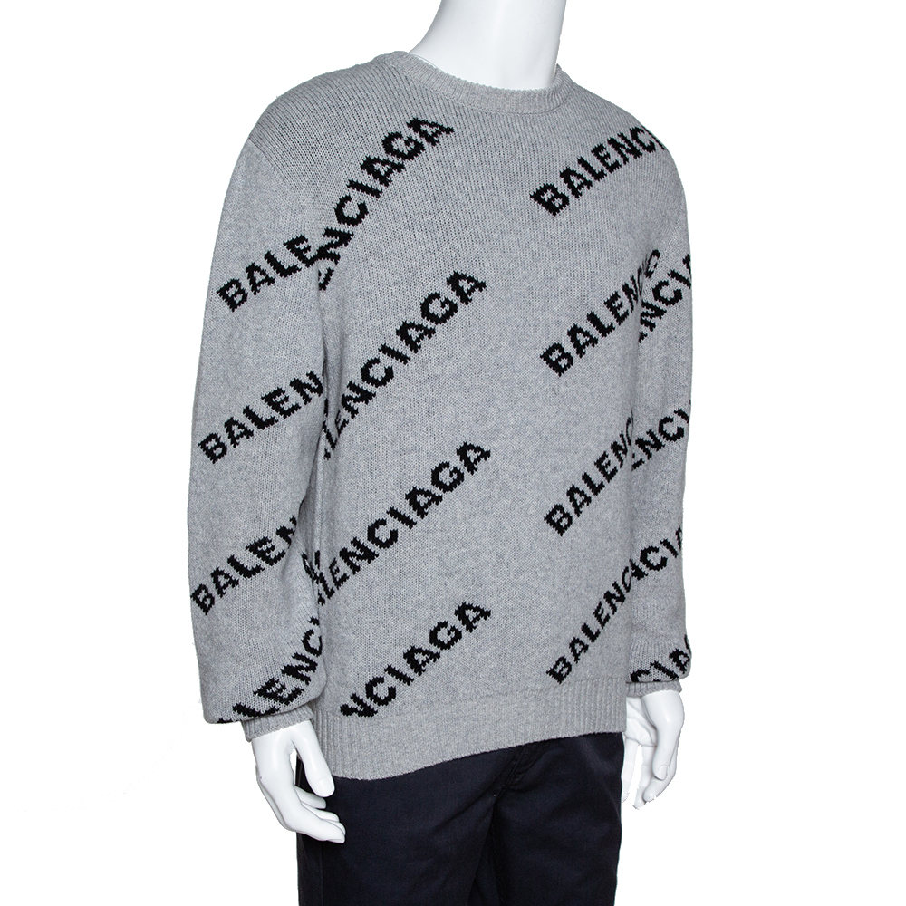 

Balenciaga Grey Wool Blend Allover Logo Crew Neck Sweater