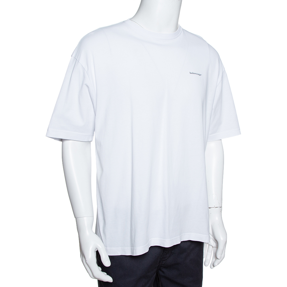 

Balenciaga White Logo Print Cotton Crew Neck T-Shirt