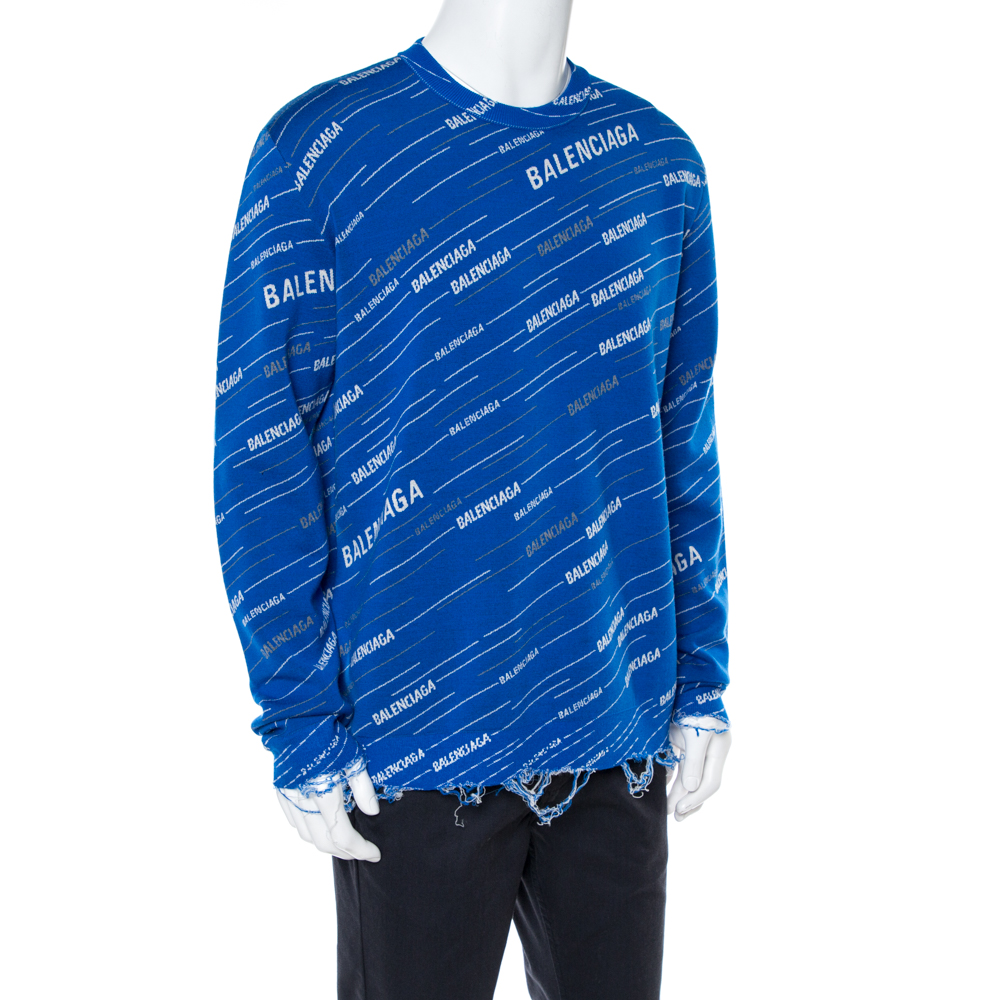 

Balenciaga Blue Logo Wool Knit Distressed Sweatshirt