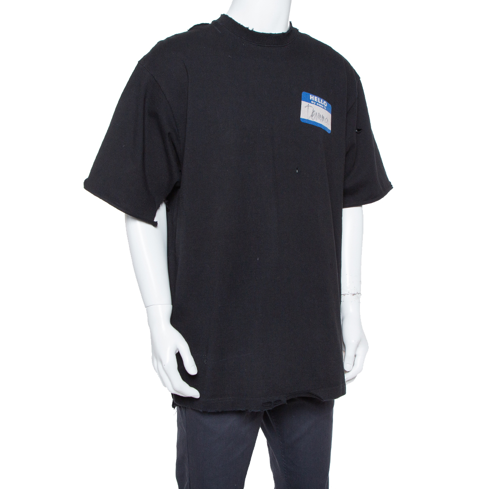

Balenciaga Black Cotton My Name is Denma Oversized Distressed T-Shirt