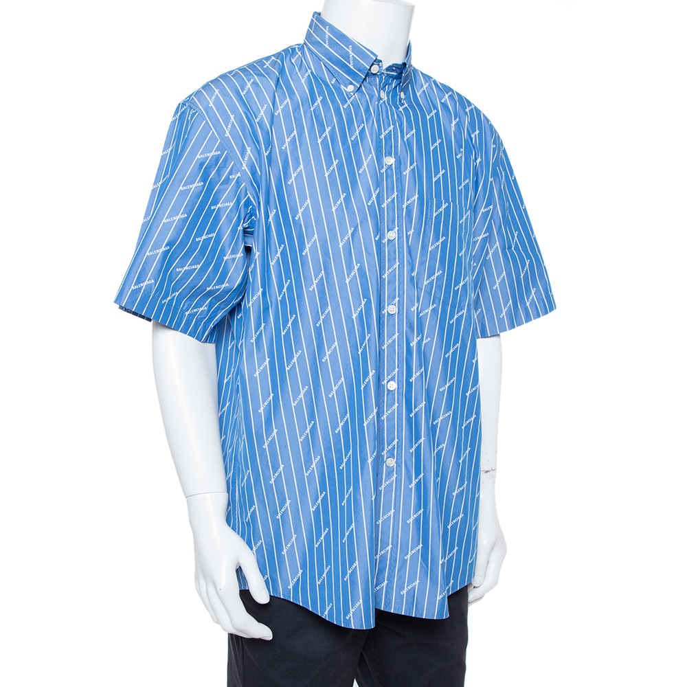 

Balenciaga Blue Striped Cotton All Over Logo Print Button Front Shirt