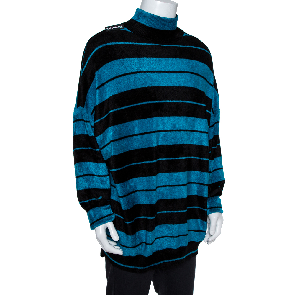 

Balenciaga Blue & Black Striped Velvet Knit Drop Shoulder Oversized Long Jumper