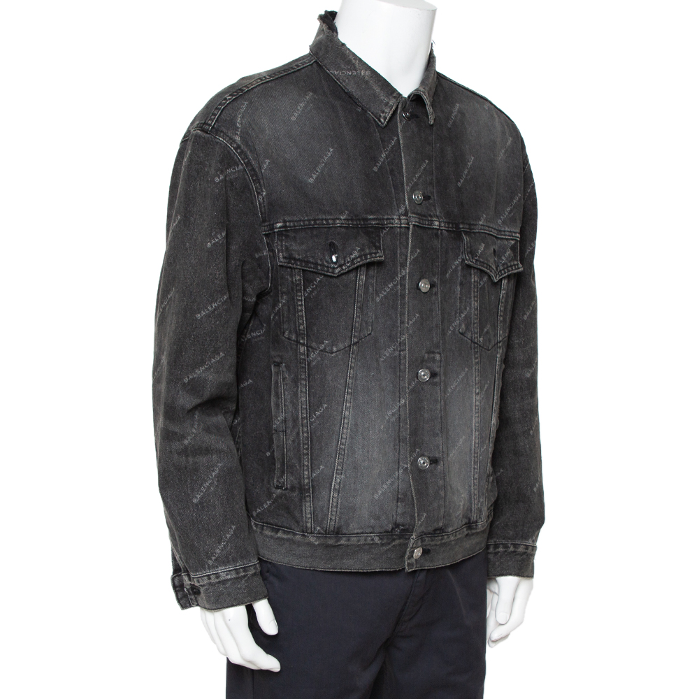 

Balenciaga Grey Logo Printed Denim Distressed Collar Detail Jacket