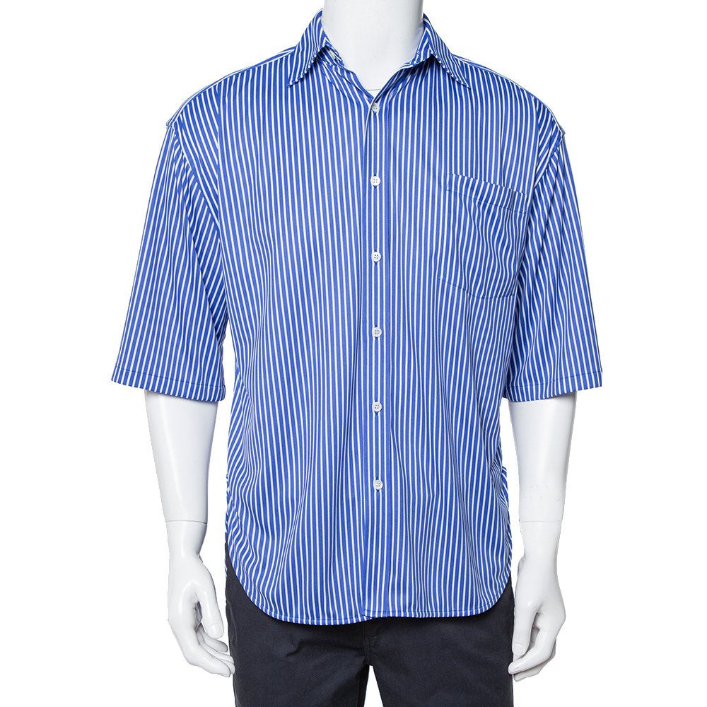 Pre-owned Balenciaga Blue Striped Knit Hi-low Hem Oversized Shirt Xs