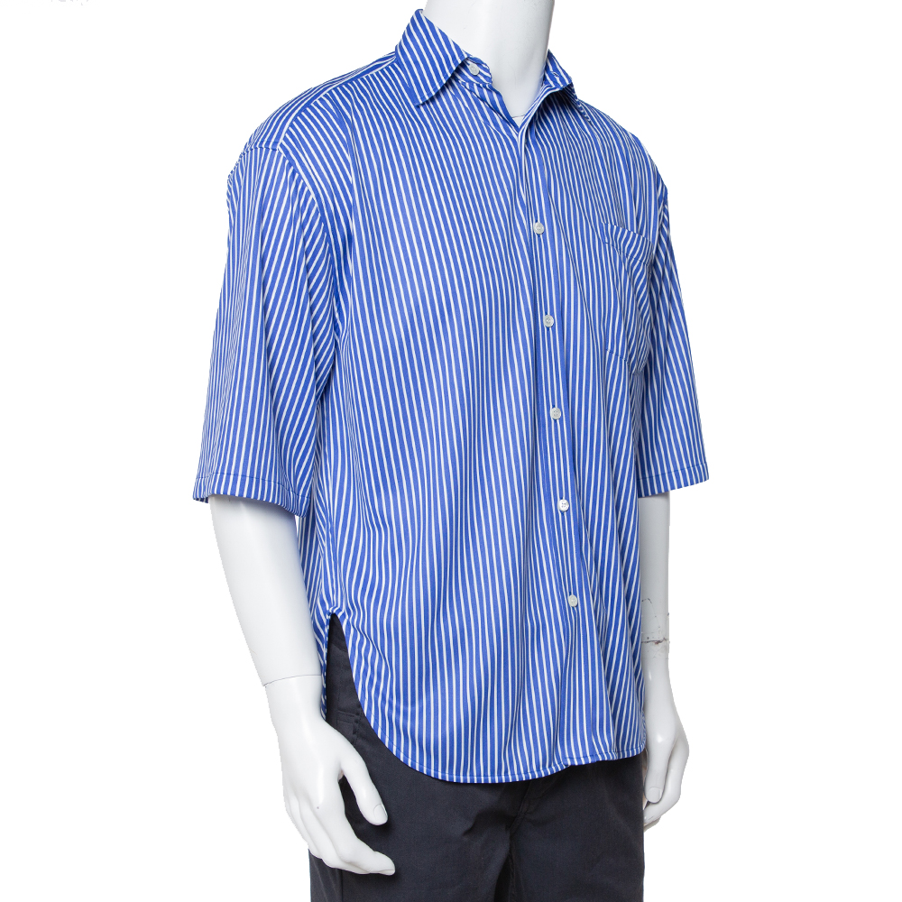 

Balenciaga Blue Striped Knit Hi-Low Hem Oversized Shirt