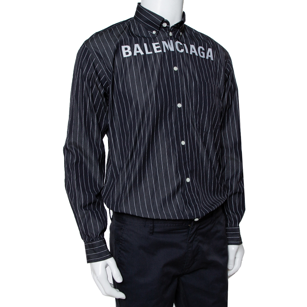 

Balenciaga Black Striped Cotton Logo Embroidered Button Front Shirt