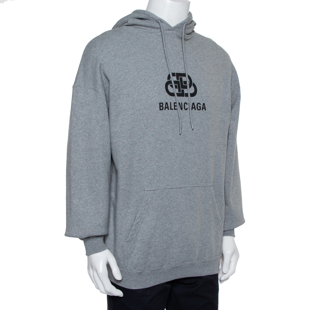 

Balenciaga Grey Cotton Logo Printed Oversized Hooded Sweatshirt