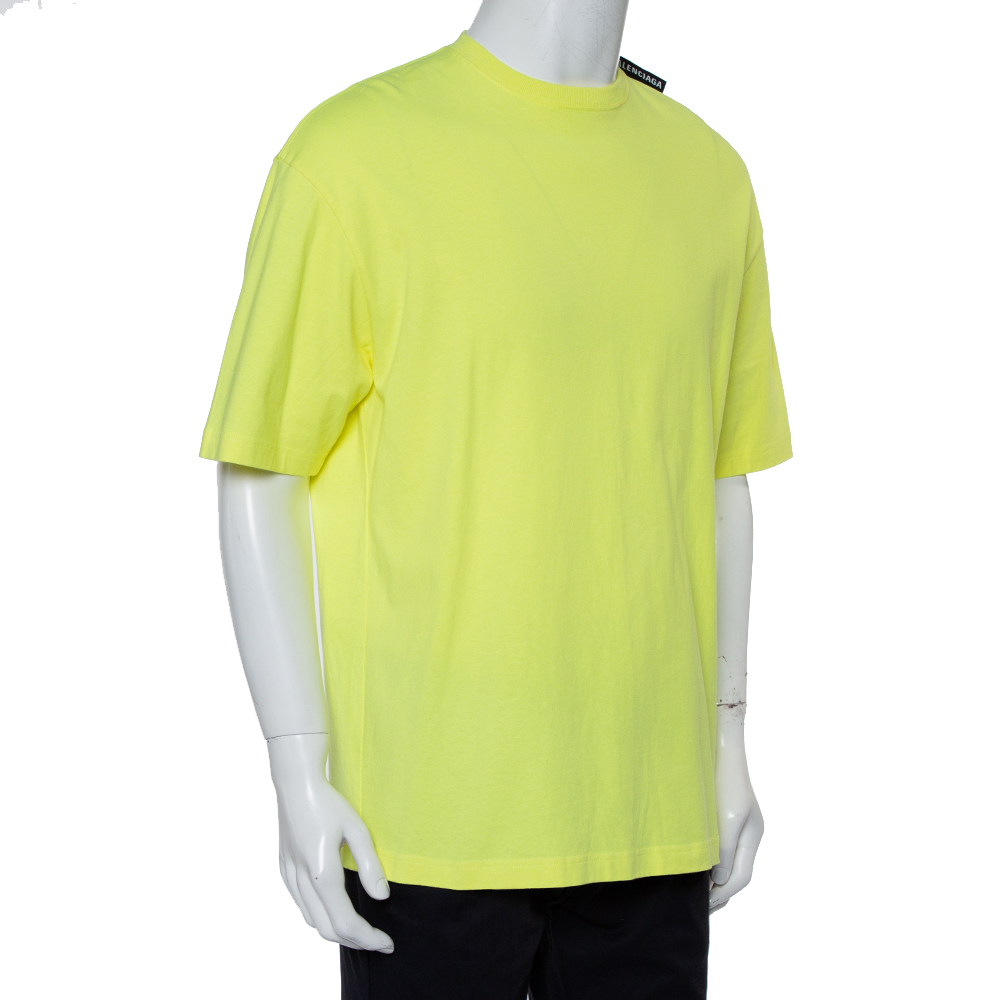 

Balenciaga Neon Yellow Cotton Logo Patch Detail Crewneck T-Shirt