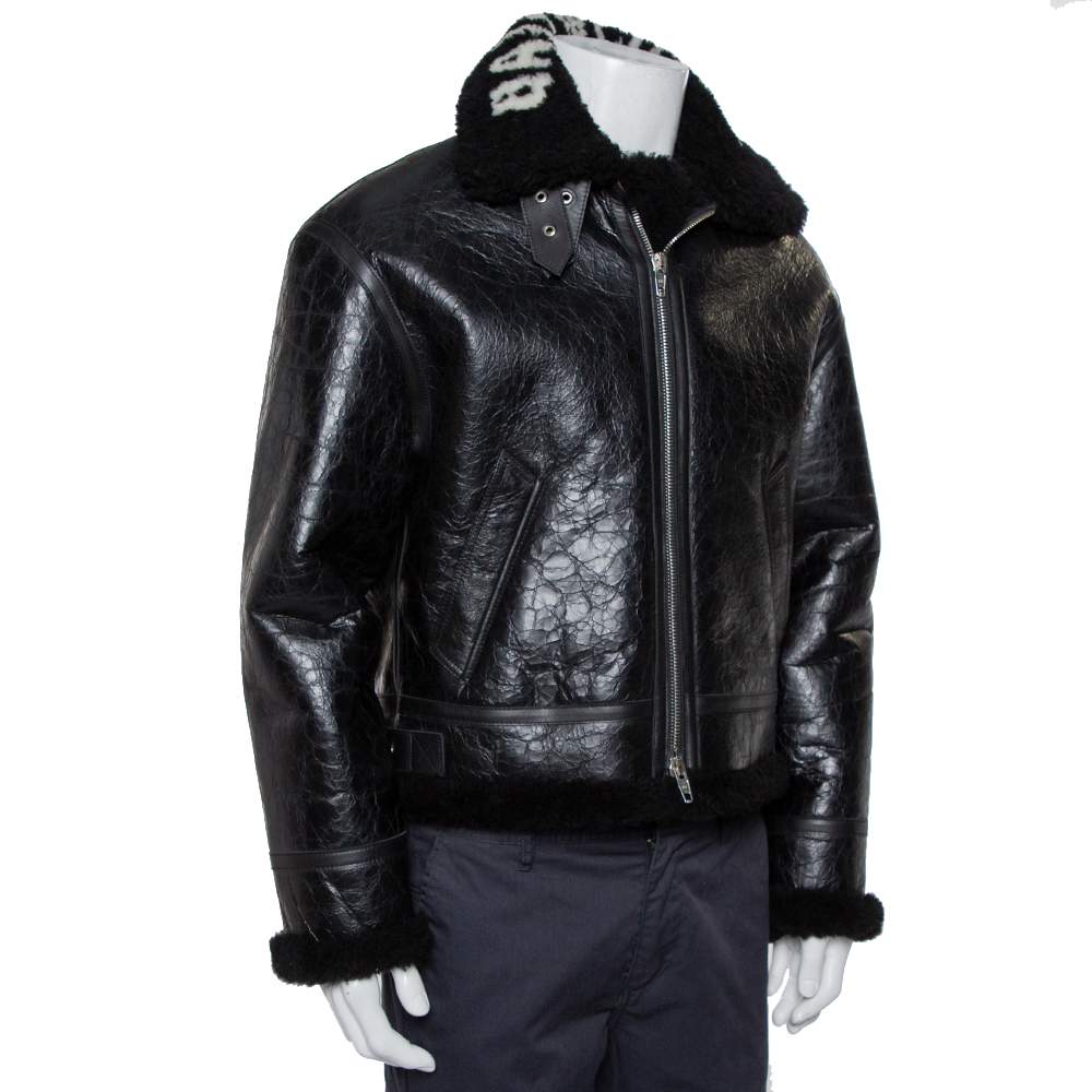 

Balenciaga Black Leather Faux Fur Lined Collared Jacket